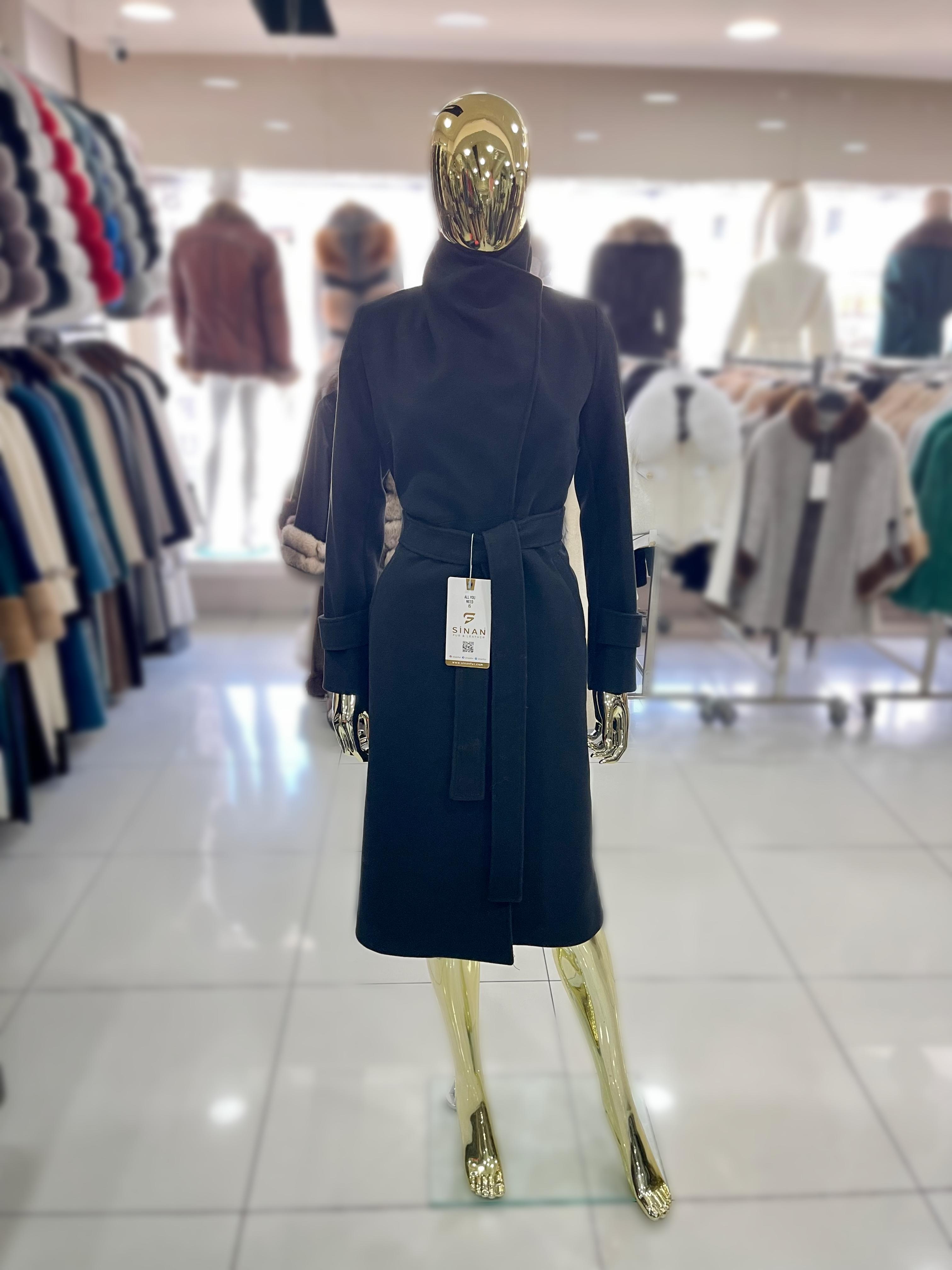 Siyah Kuşaklı Yeni Sezon Premium Kalite Rahat Kalıp Kadın Kaşe Kaban Mont