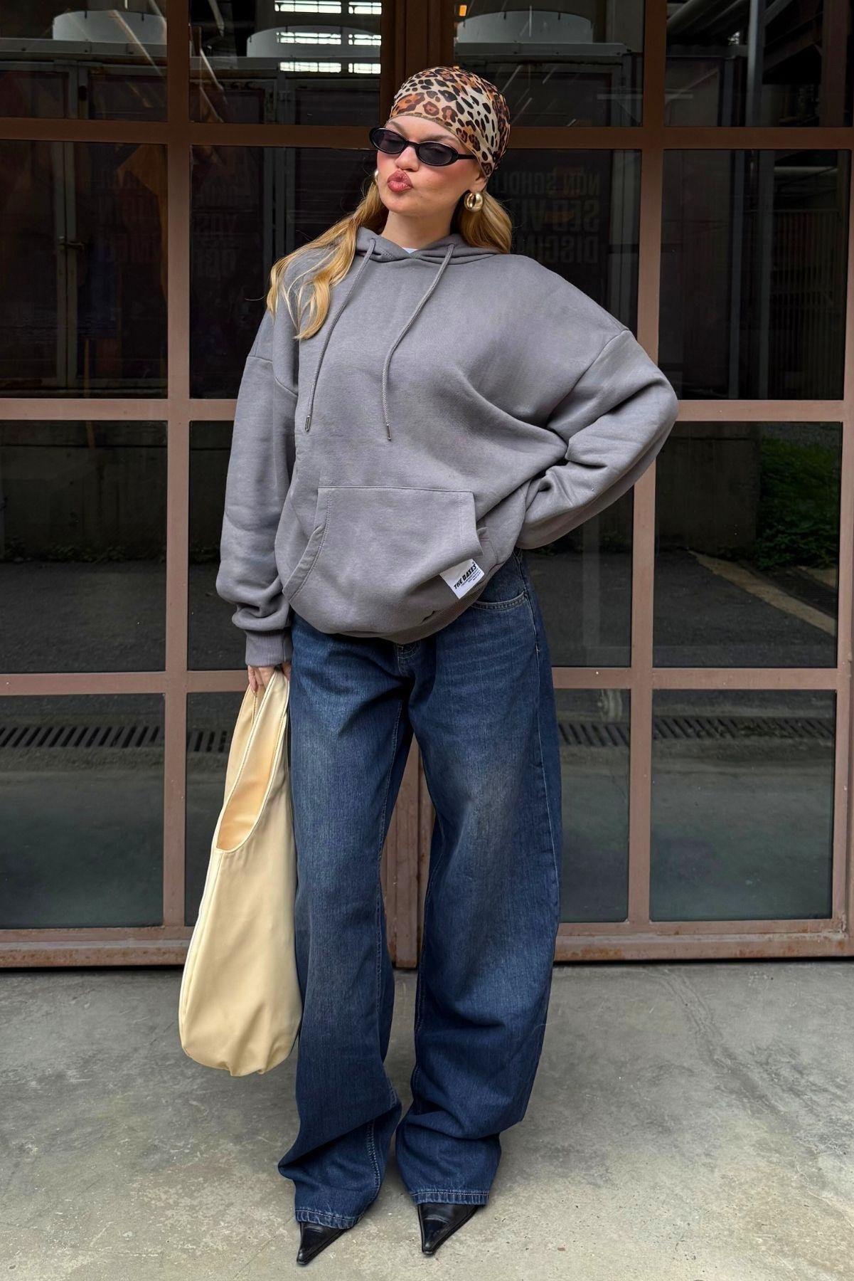 Antrasit Oversize İçi Polarli Kapüşonlu Sweatshirt