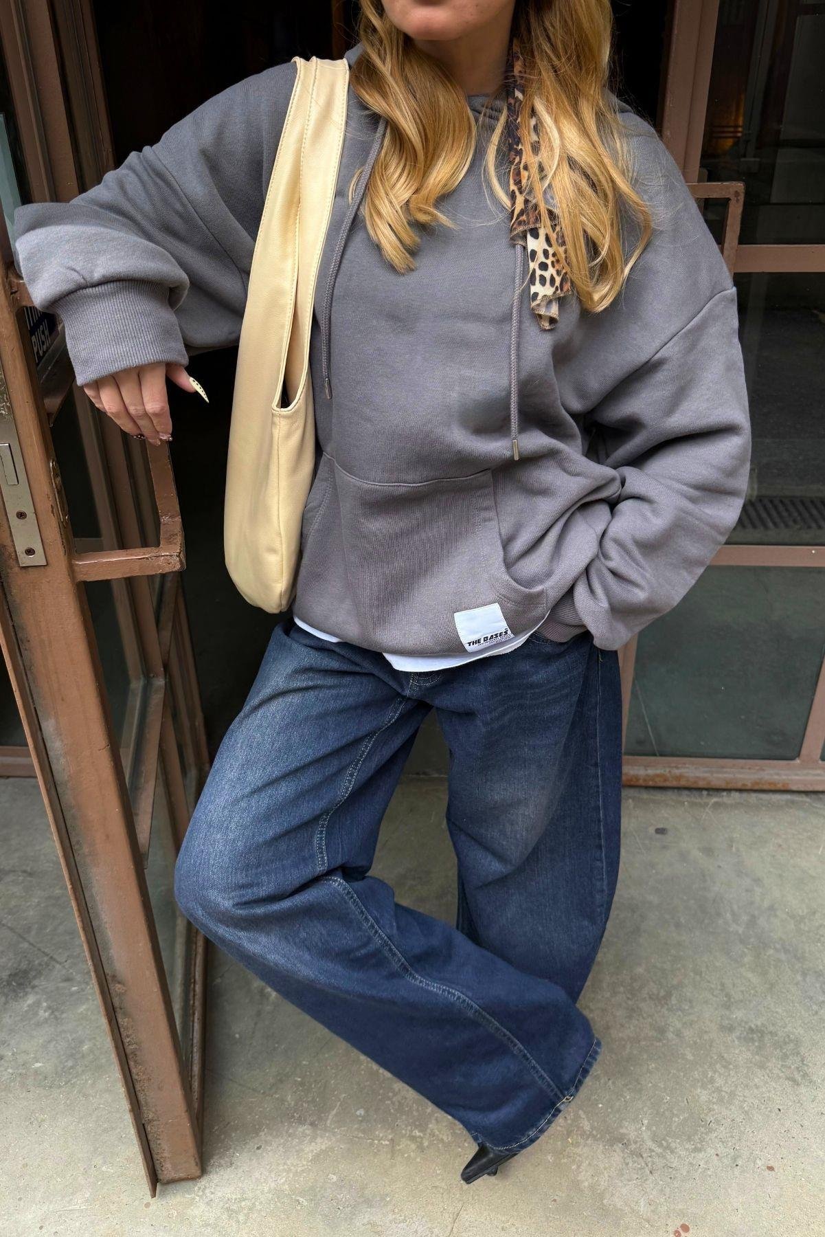Antrasit Oversize İçi Polarli Kapüşonlu Sweatshirt