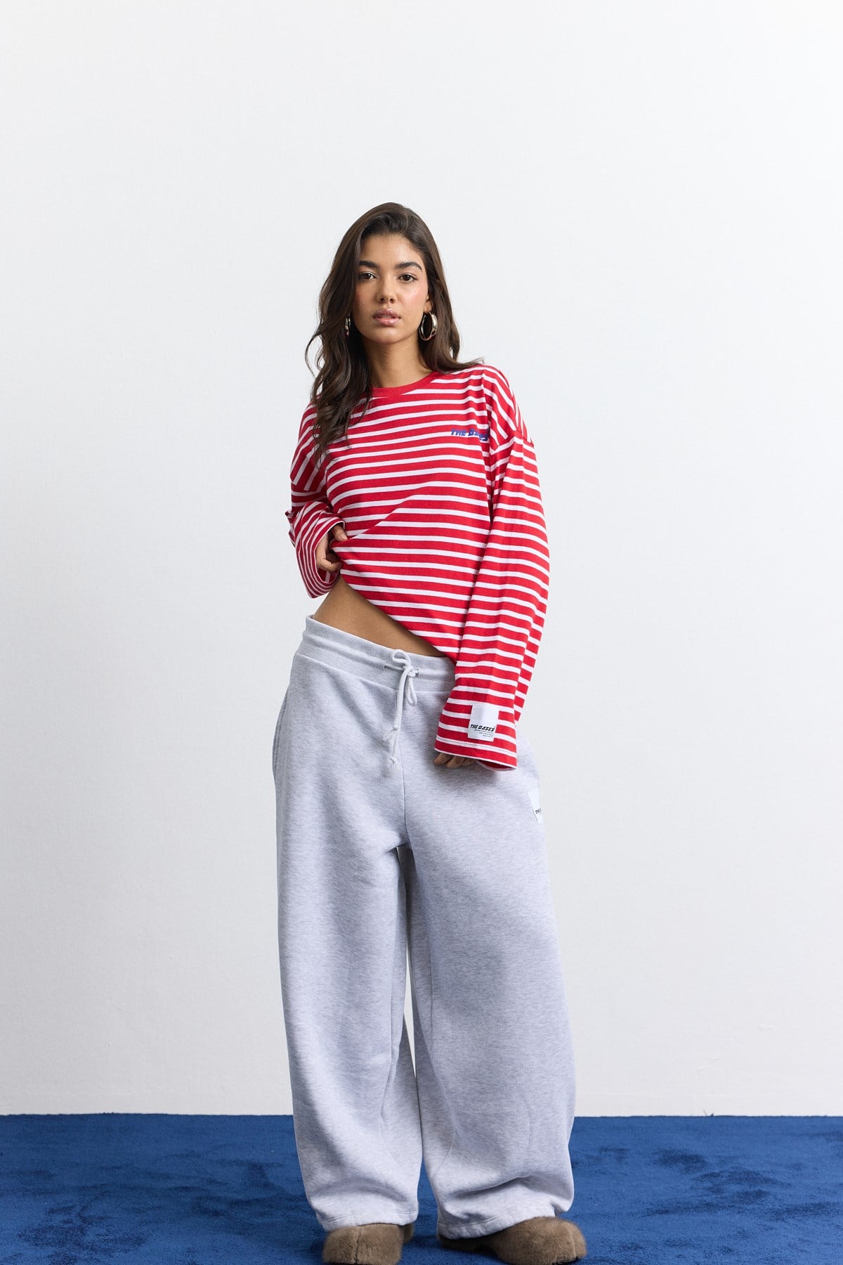Beyaz Kırmızı Çizgili Oversize Uzun Kol T-shirt