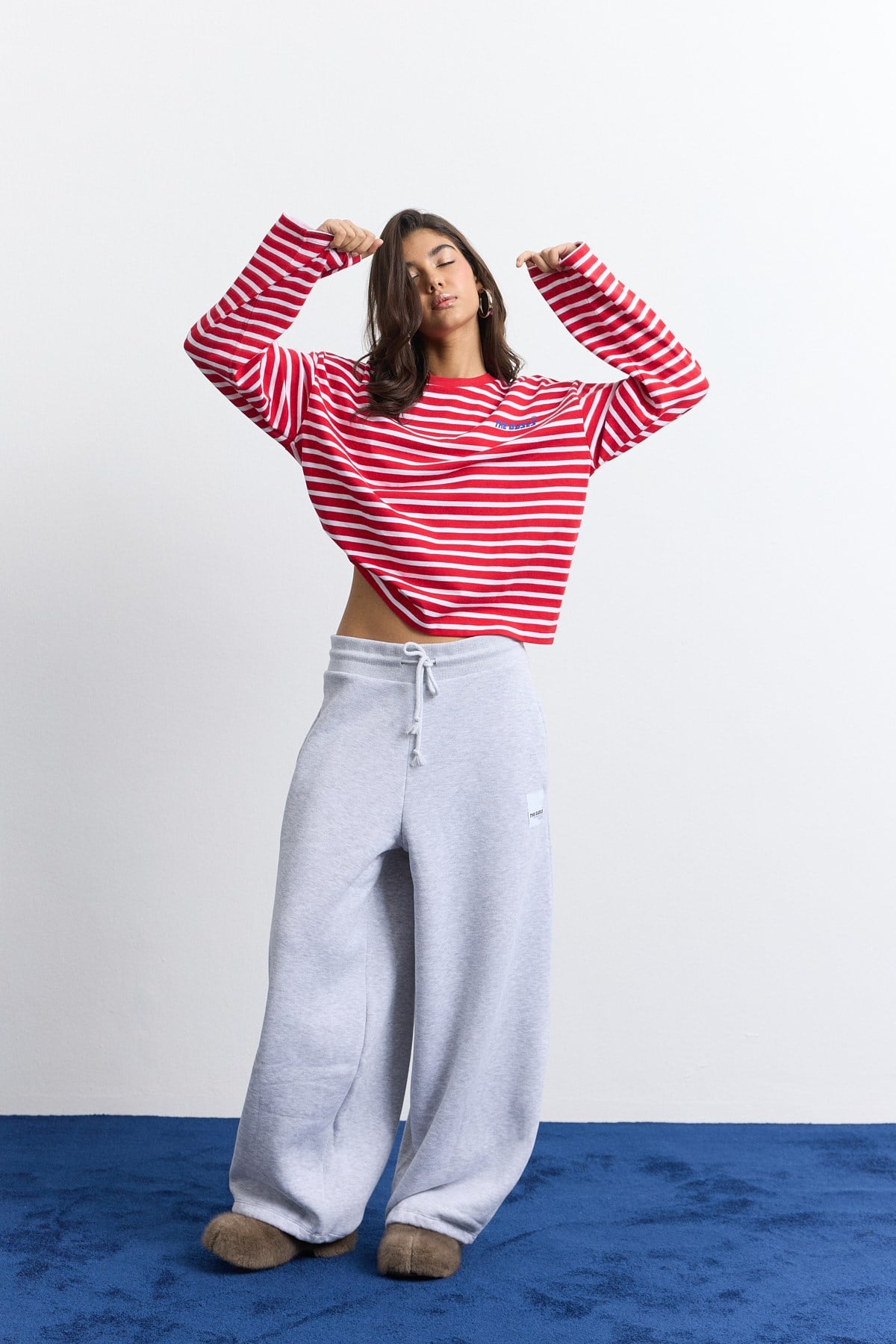 Beyaz Kırmızı Çizgili Oversize Uzun Kol T-shirt