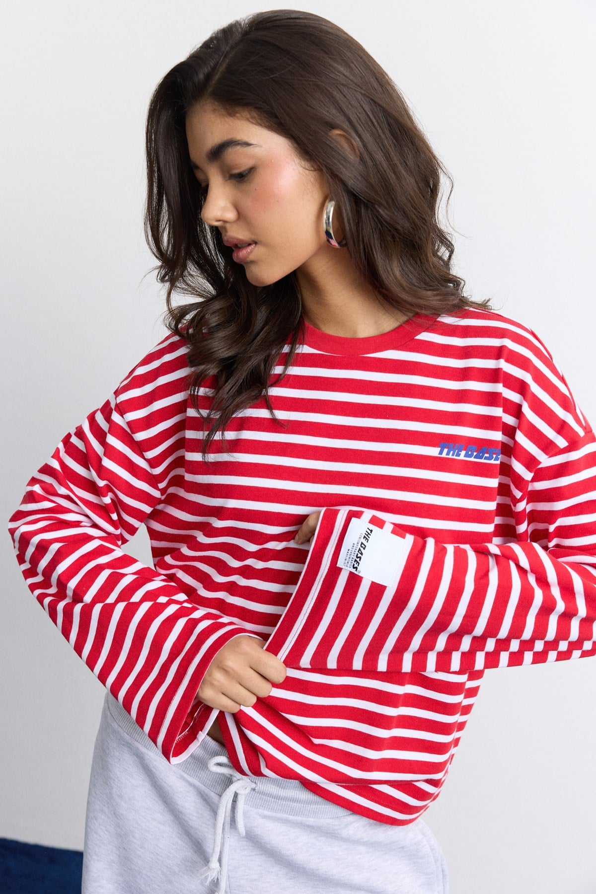 Beyaz Kırmızı Çizgili Oversize Uzun Kol T-shirt