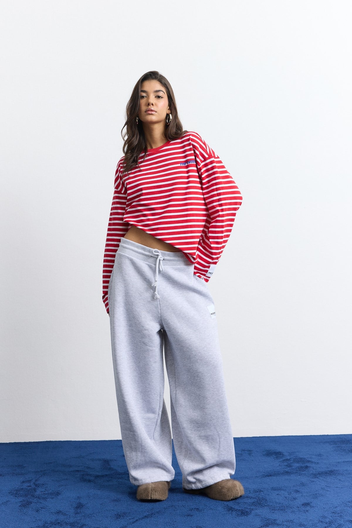 Beyaz Kırmızı Çizgili Oversize Uzun Kol T-shirt