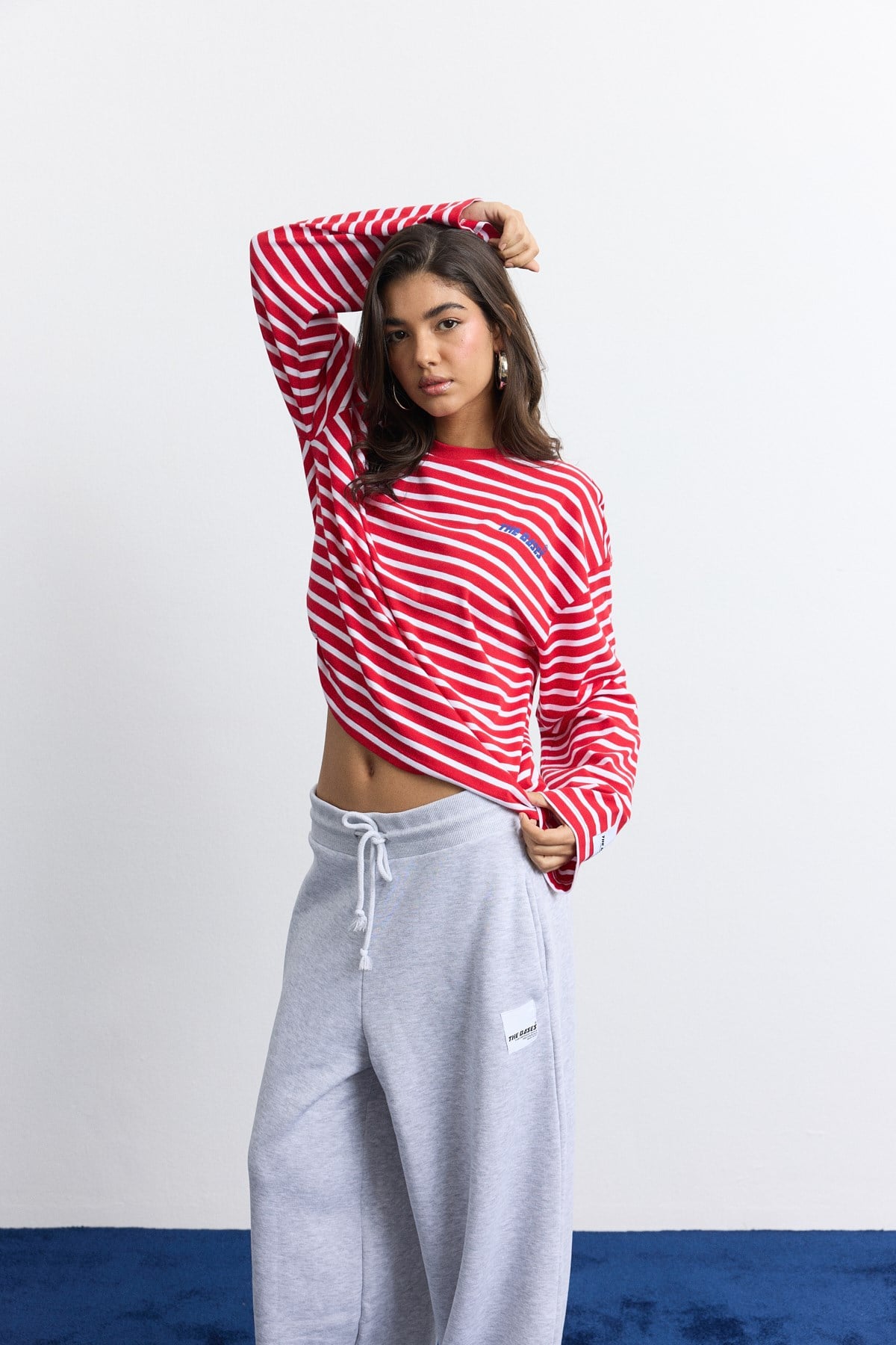 Beyaz Kırmızı Çizgili Oversize Uzun Kol T-shirt