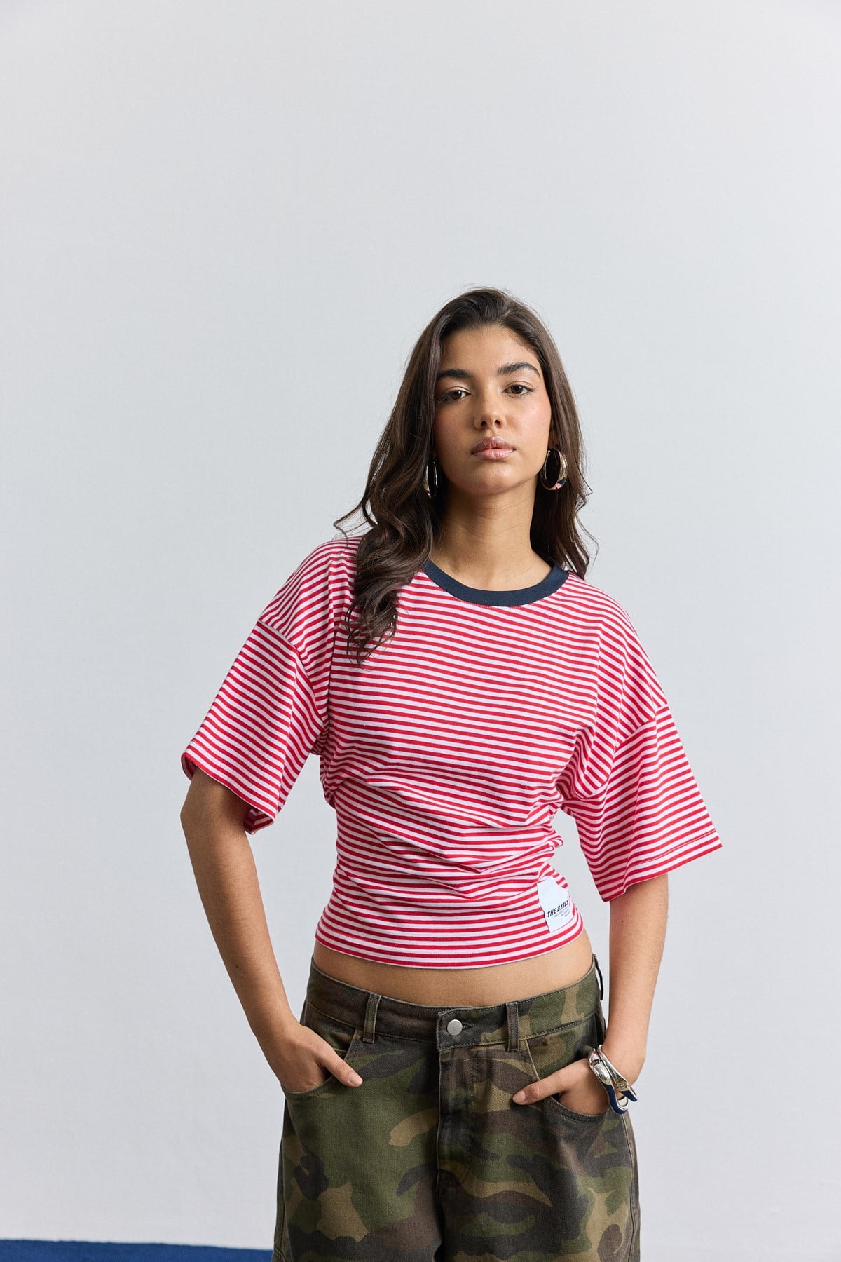 Çizgili Kısa Kol Bele Oturan T-Shirt