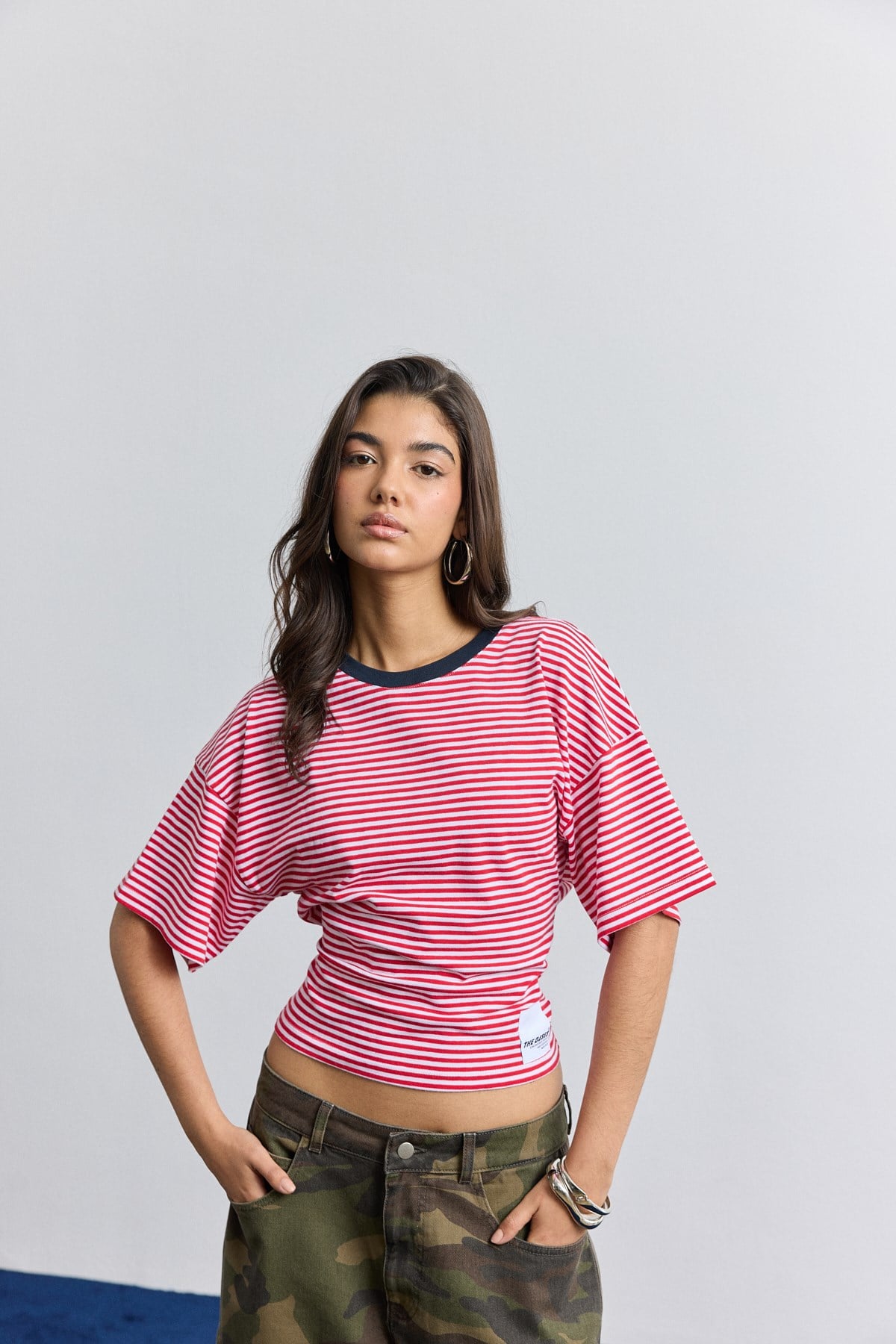 Çizgili Kısa Kol Bele Oturan T-Shirt