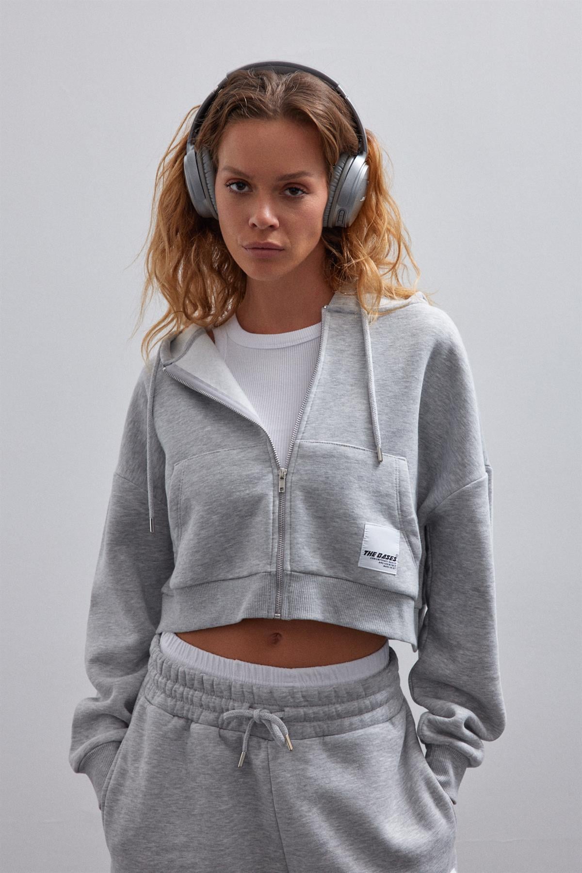 Grimelanj İçi Polarlı Fermuarlı Crop Sweatshirt
