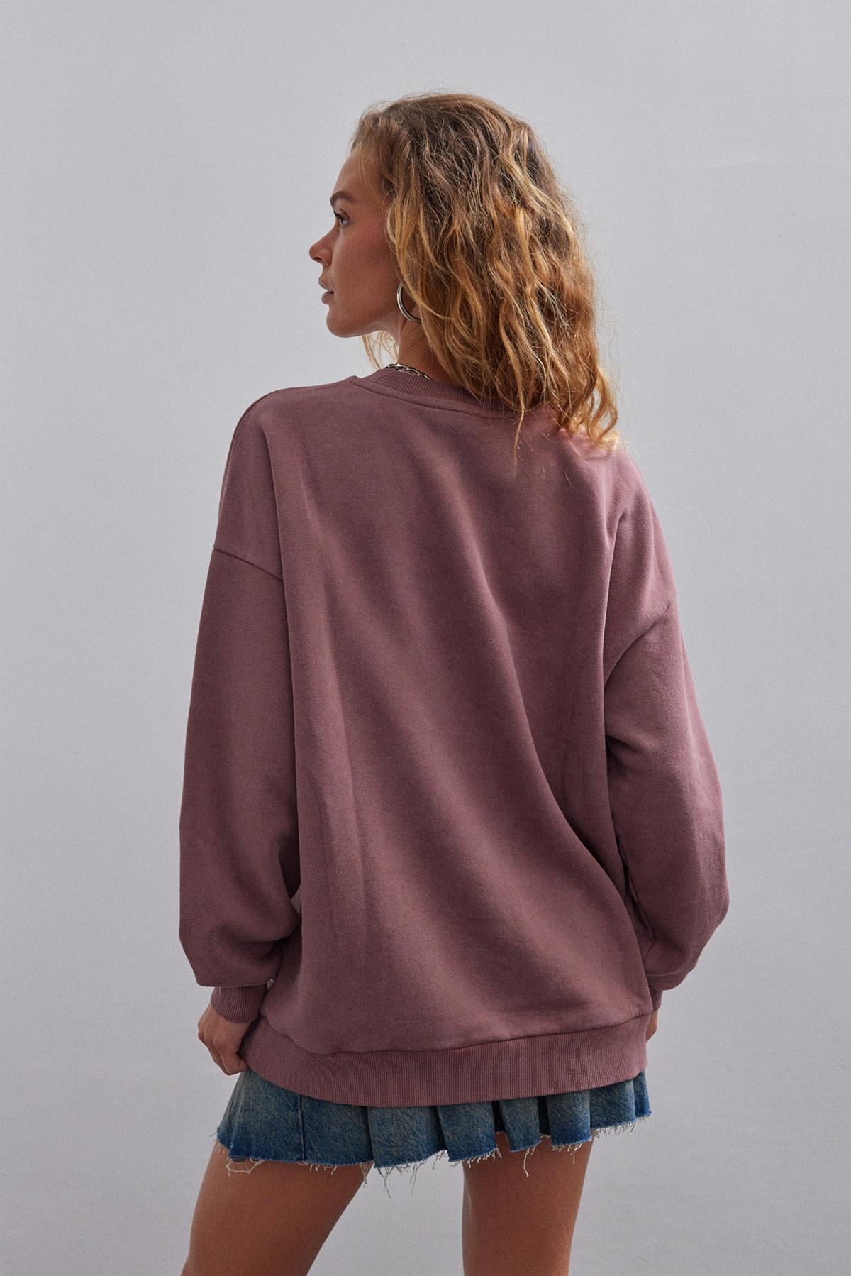 Gül Kurusu Basic Bisiklet Yaka Içi Polarlı Oversize Sweatshirt