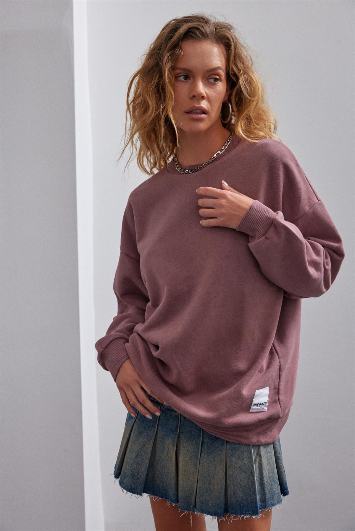 Gül Kurusu Basic Bisiklet Yaka Içi Polarlı Oversize Sweatshirt