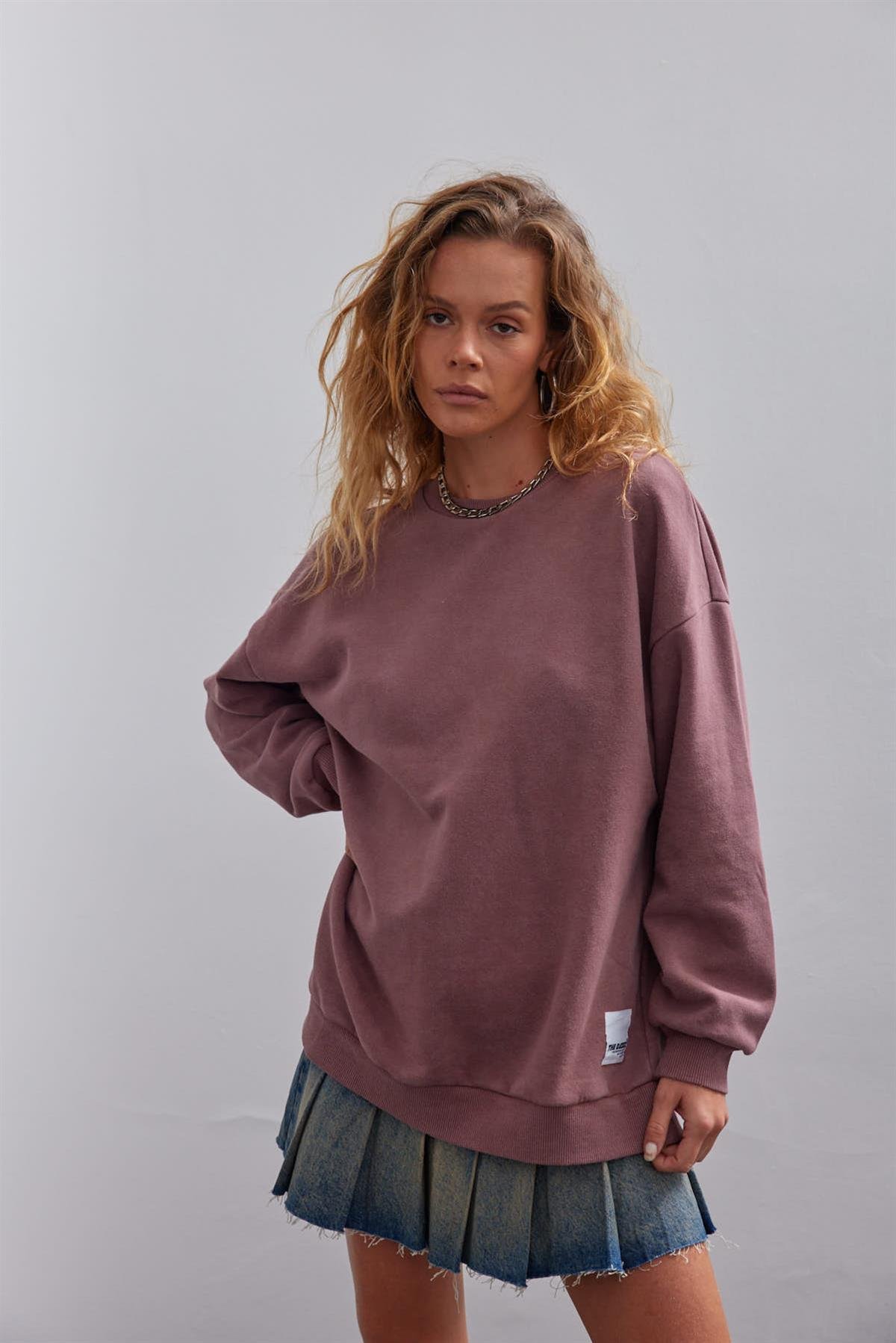 Gül Kurusu Basic Bisiklet Yaka Içi Polarlı Oversize Sweatshirt