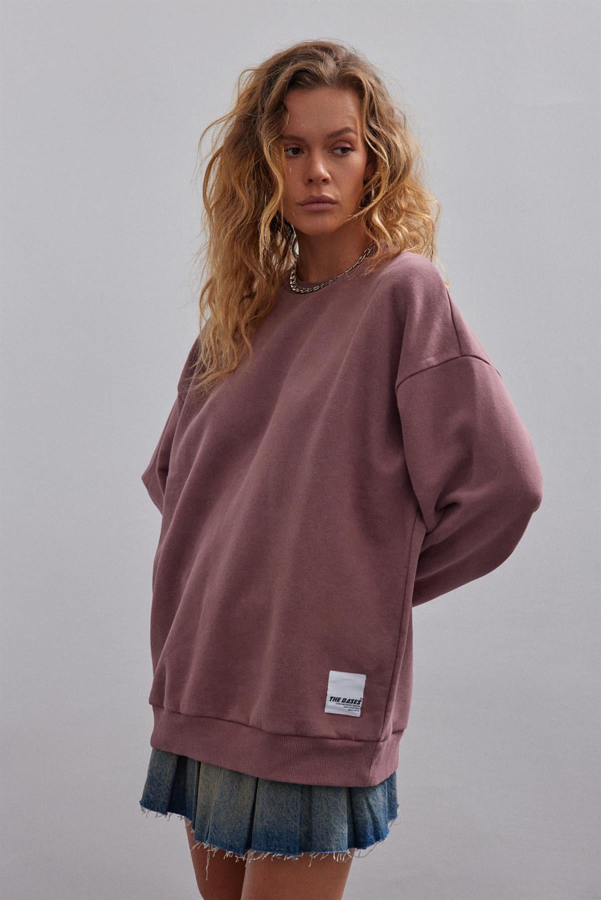 Gül Kurusu Basic Bisiklet Yaka Içi Polarlı Oversize Sweatshirt