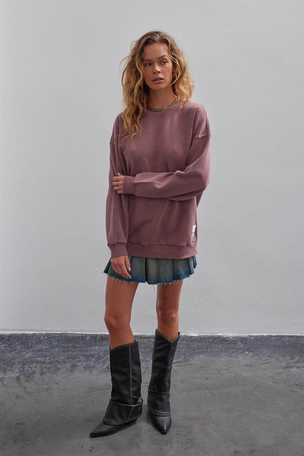 Gül Kurusu Basic Bisiklet Yaka Içi Polarlı Oversize Sweatshirt