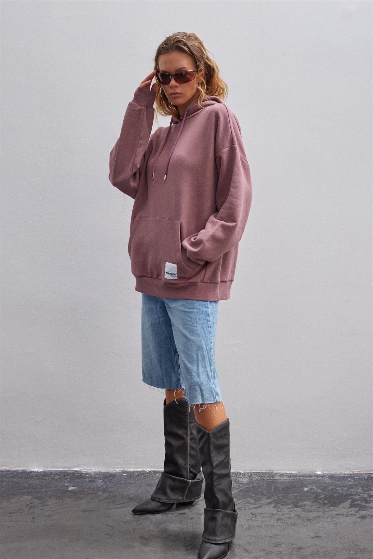 Gül Kurusu Soluk Efektli Oversize Içi Polarli Kapüşonlu Sweatshirt