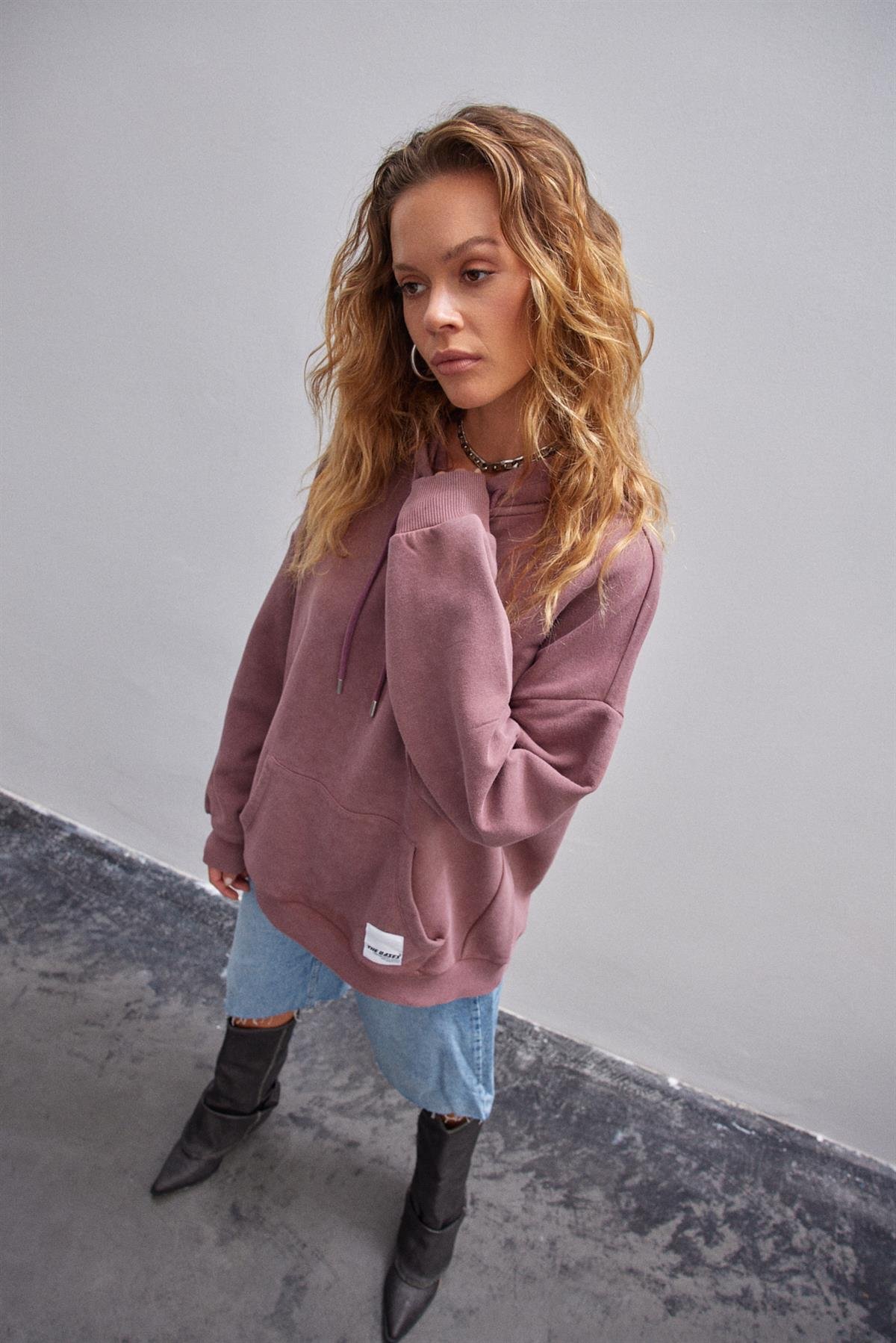 Gül Kurusu Soluk Efektli Oversize Içi Polarli Kapüşonlu Sweatshirt