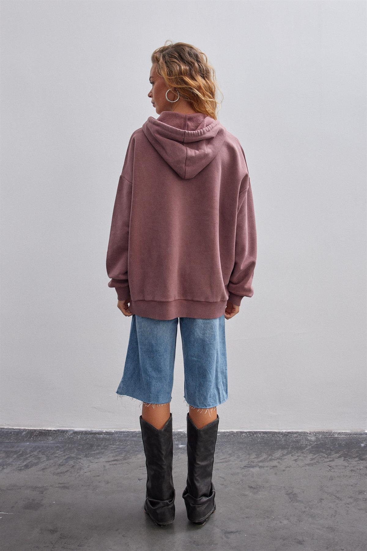 Gül Kurusu Soluk Efektli Oversize Içi Polarli Kapüşonlu Sweatshirt