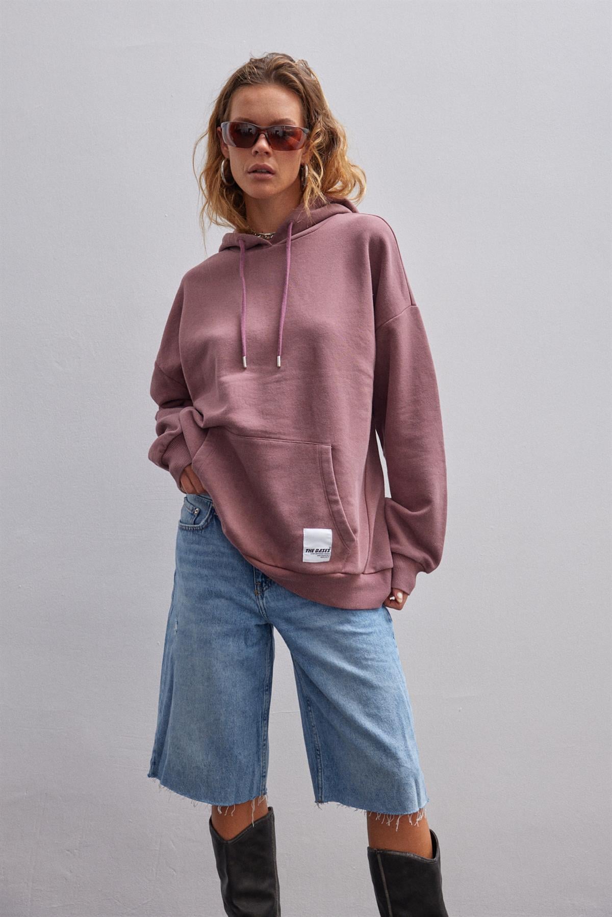 Gül Kurusu Soluk Efektli Oversize Içi Polarli Kapüşonlu Sweatshirt