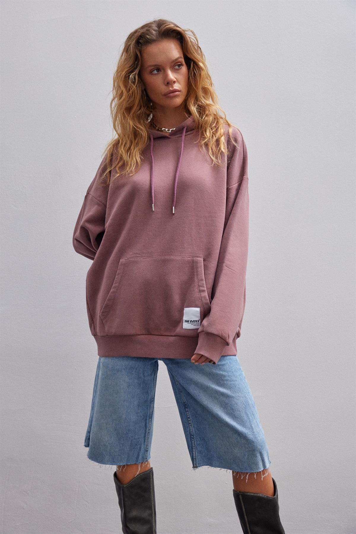 Gül Kurusu Soluk Efektli Oversize Içi Polarli Kapüşonlu Sweatshirt