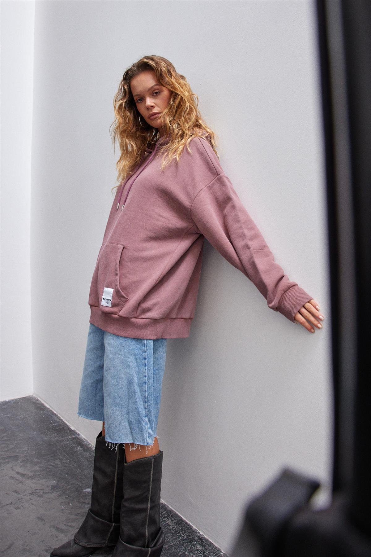 Gül Kurusu Soluk Efektli Oversize Içi Polarli Kapüşonlu Sweatshirt
