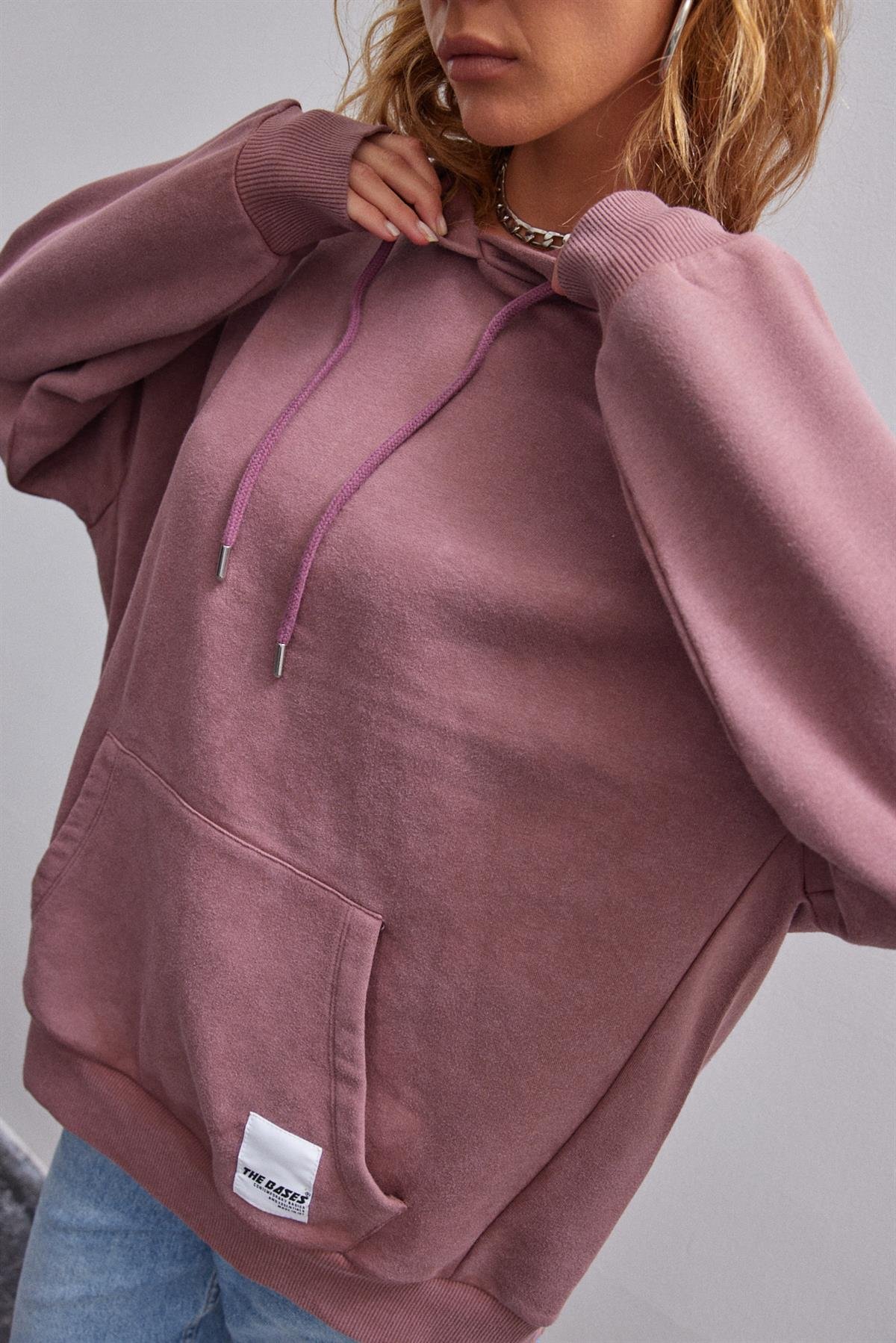 Gül Kurusu Soluk Efektli Oversize Içi Polarli Kapüşonlu Sweatshirt