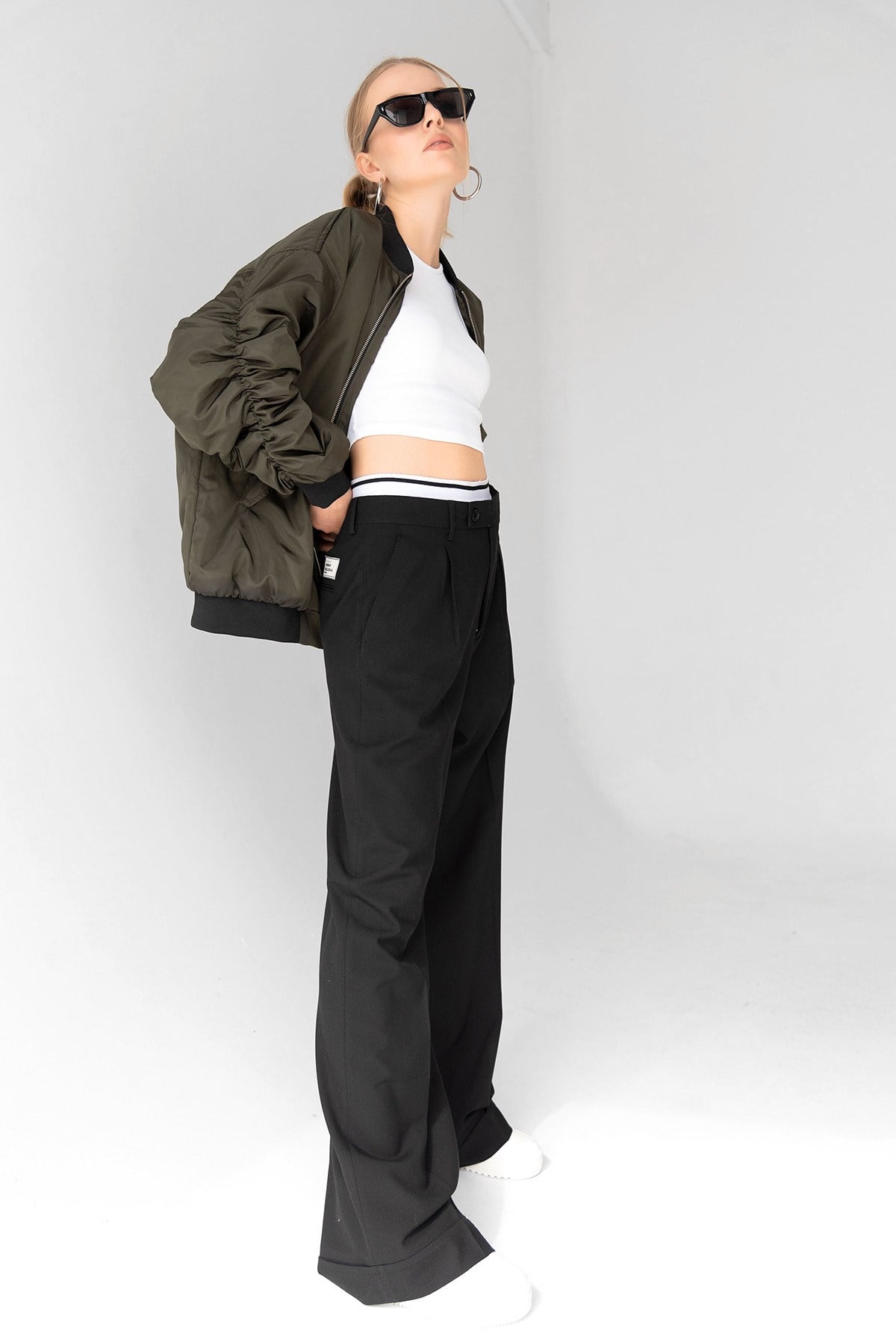 Kadın Haki Oversize Bomber Kolej Ceket