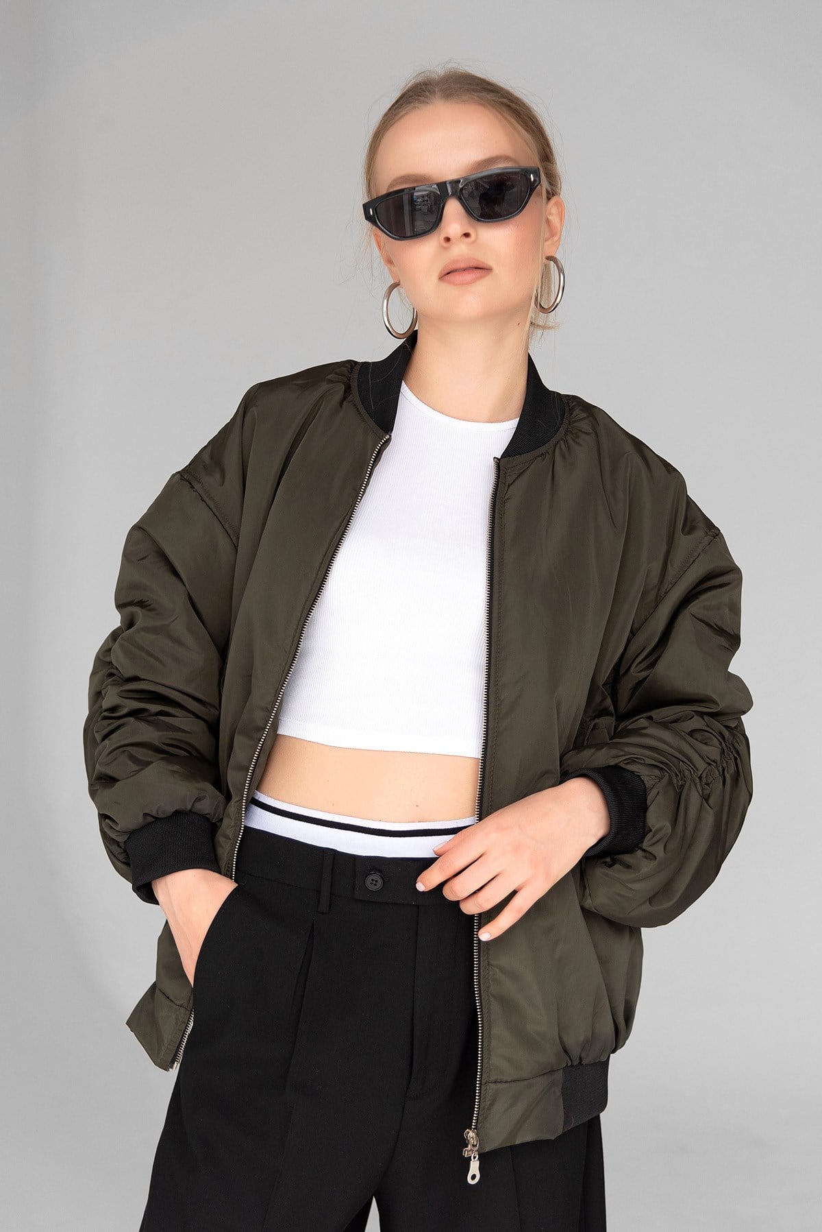 Kadın Haki Oversize Bomber Kolej Ceket