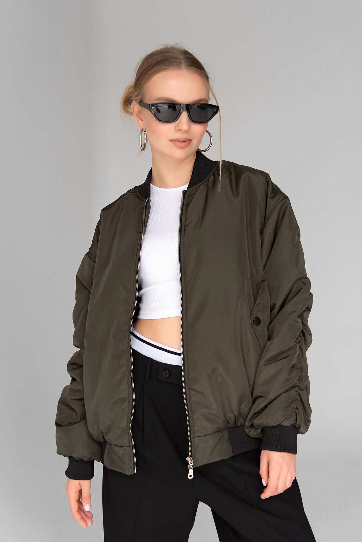 Kadın Haki Oversize Bomber Kolej Ceket