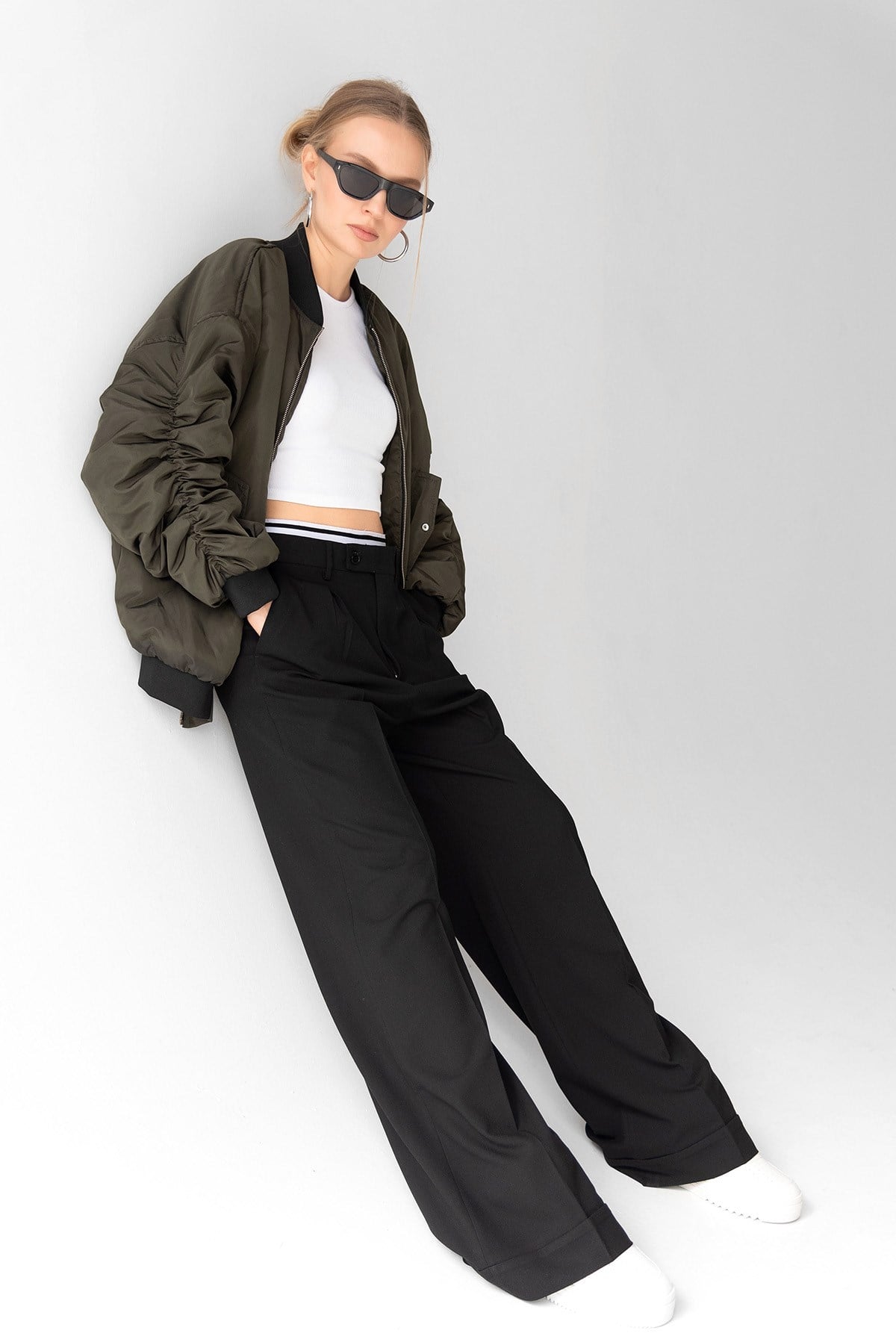 Kadın Haki Oversize Bomber Kolej Ceket