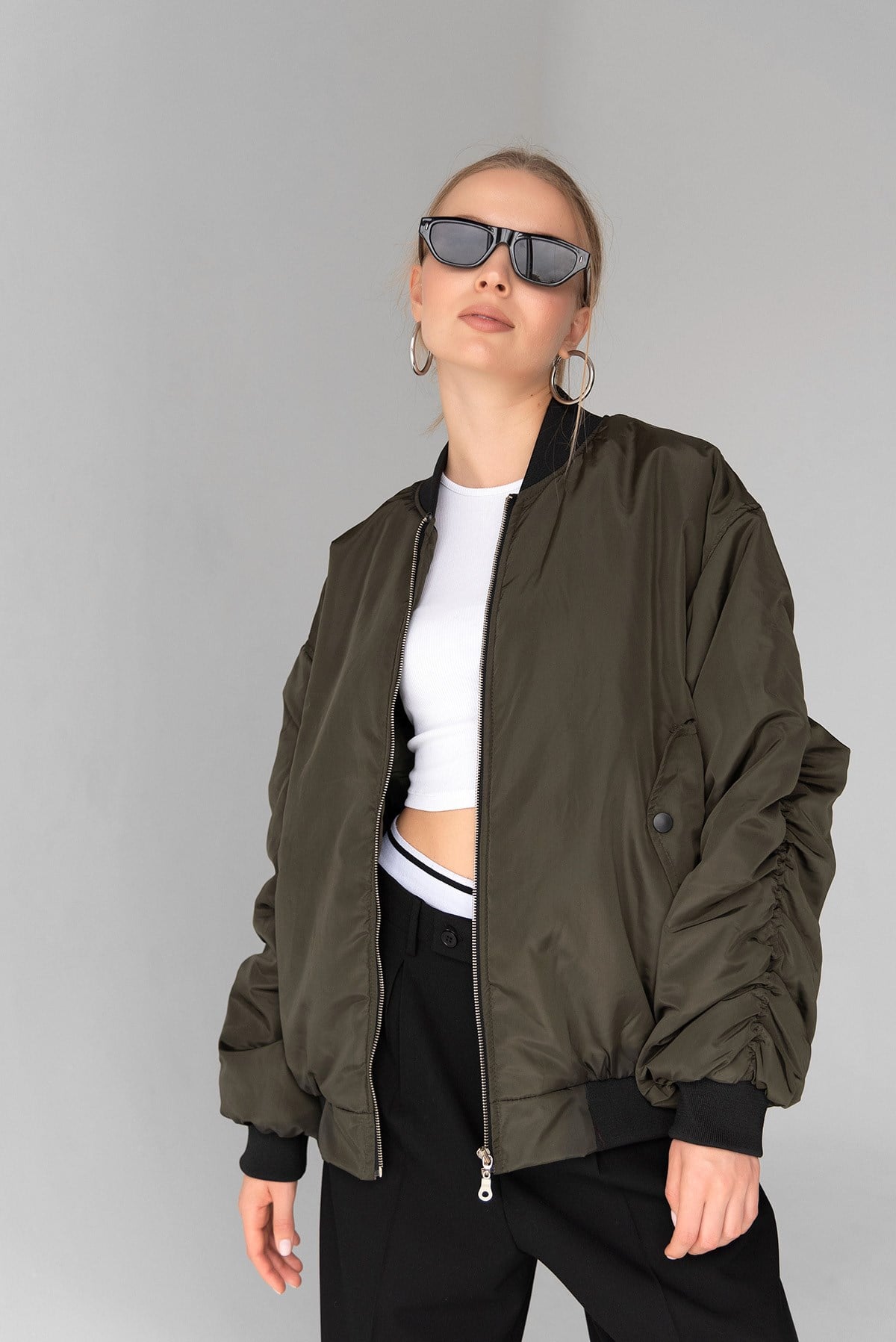 Kadın Haki Oversize Bomber Kolej Ceket
