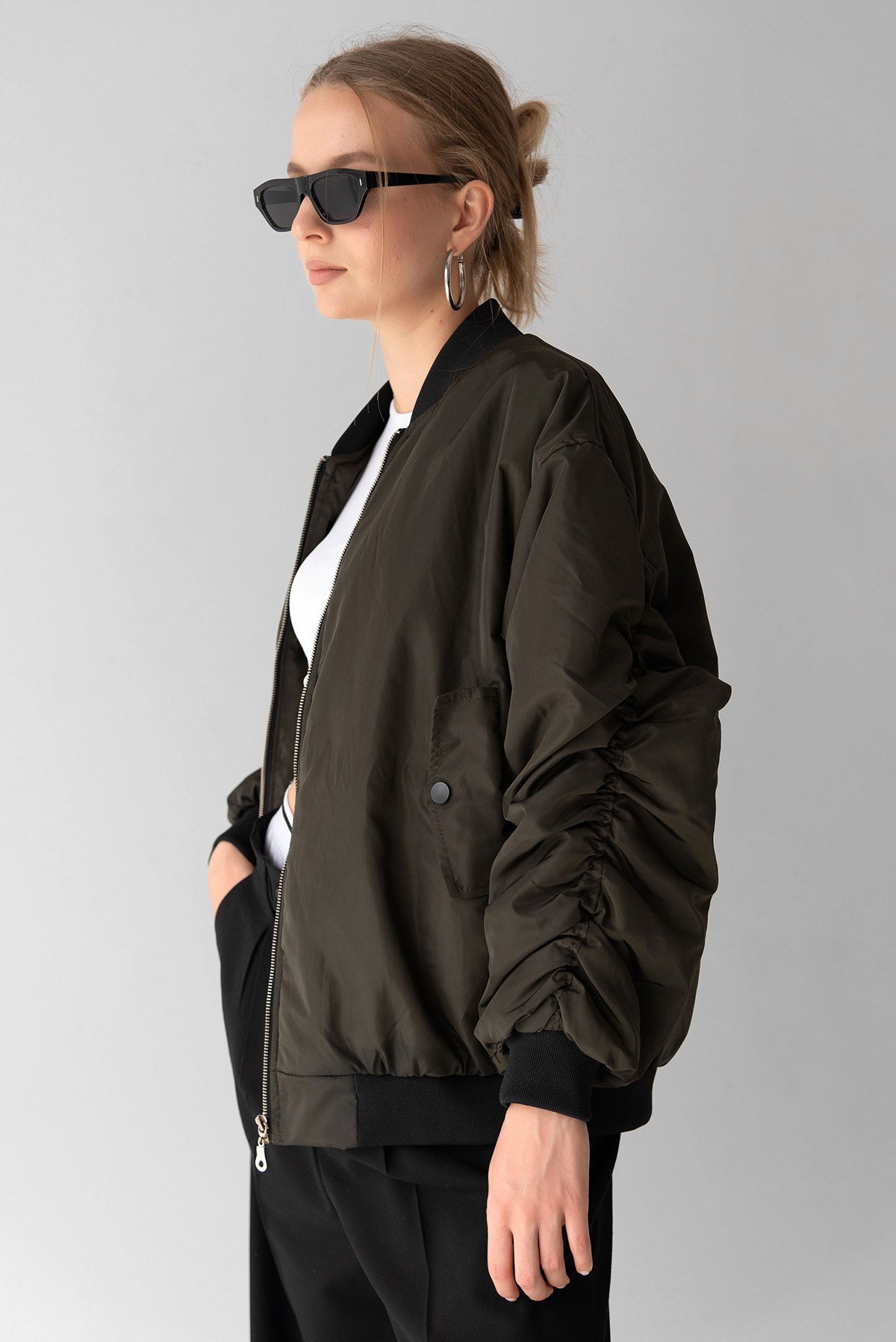 Kadın Haki Oversize Bomber Kolej Ceket