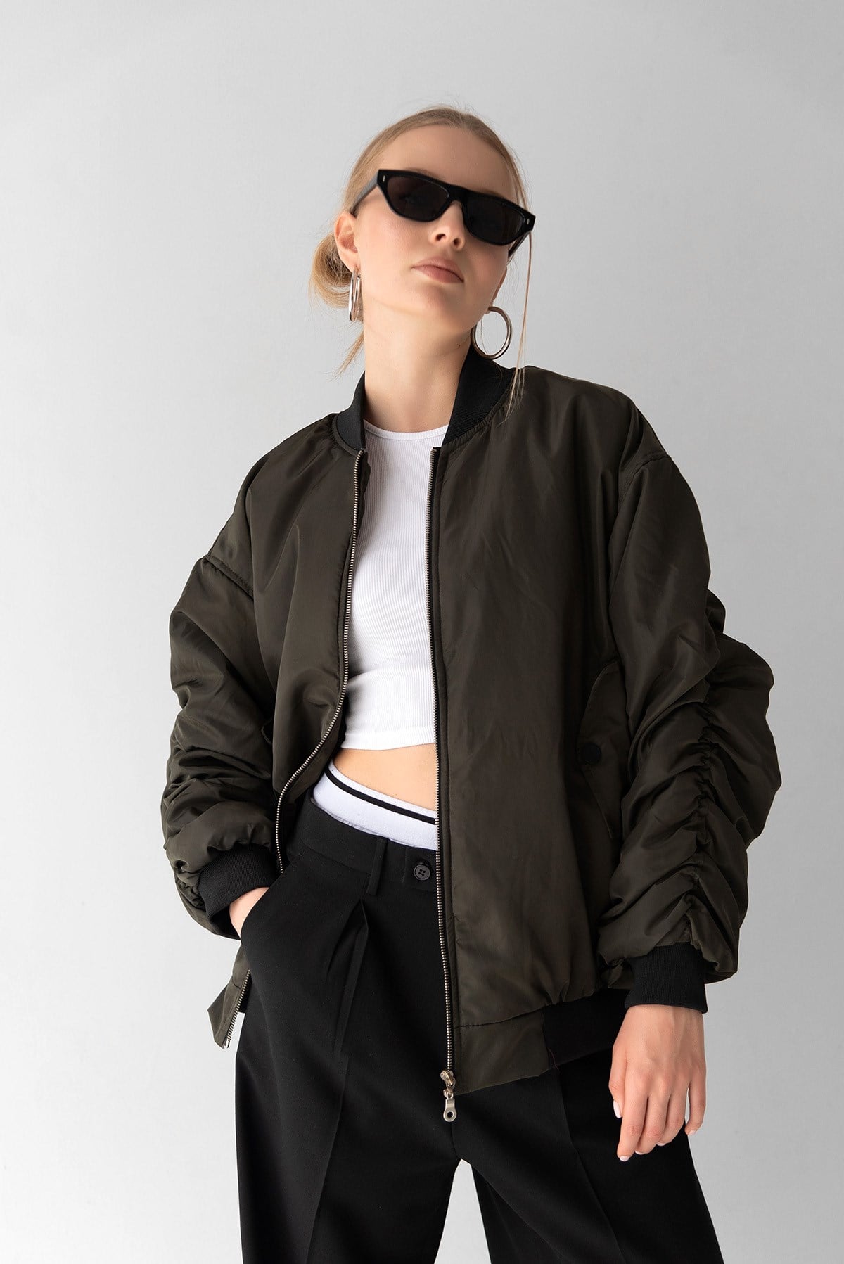 Kadın Haki Oversize Bomber Kolej Ceket