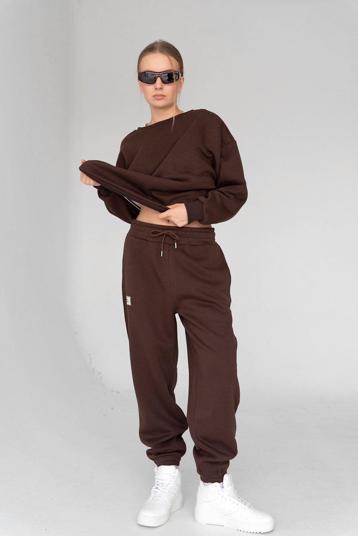 Kadın Koyu Kahverengi Basic Bisiklet Yaka Içi Polarlı Oversize Sweatshirt