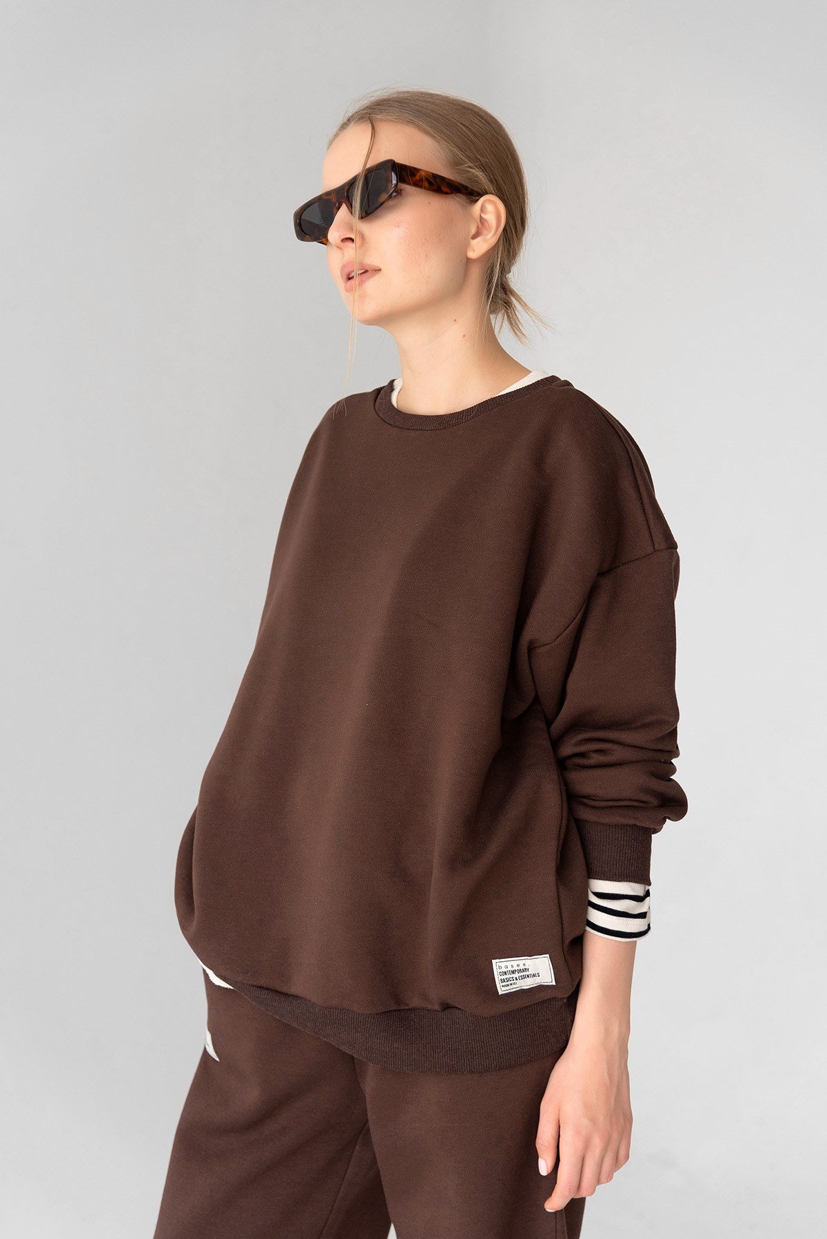 Kadın Koyu Kahverengi Basic Bisiklet Yaka Içi Polarlı Oversize Sweatshirt