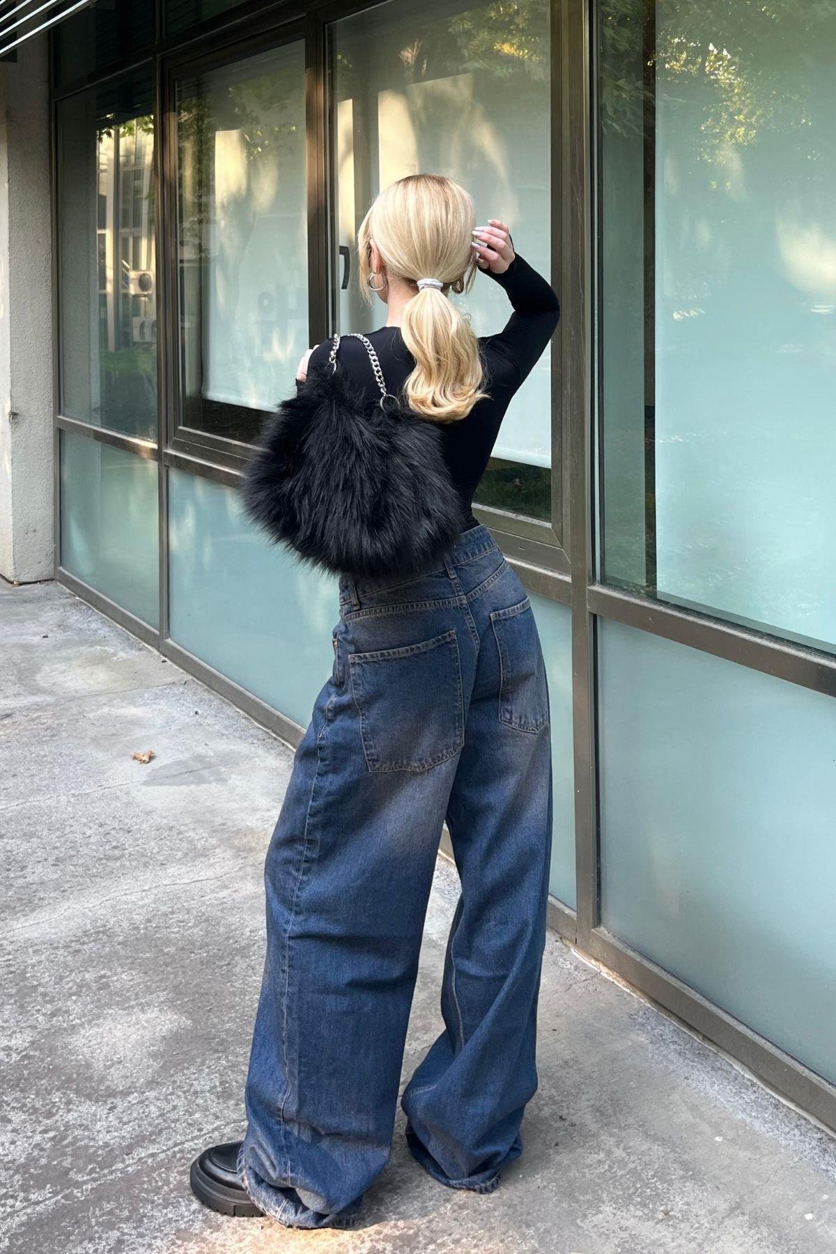 Kadın Koyu Mavi Bol Kesim Baggy Jean