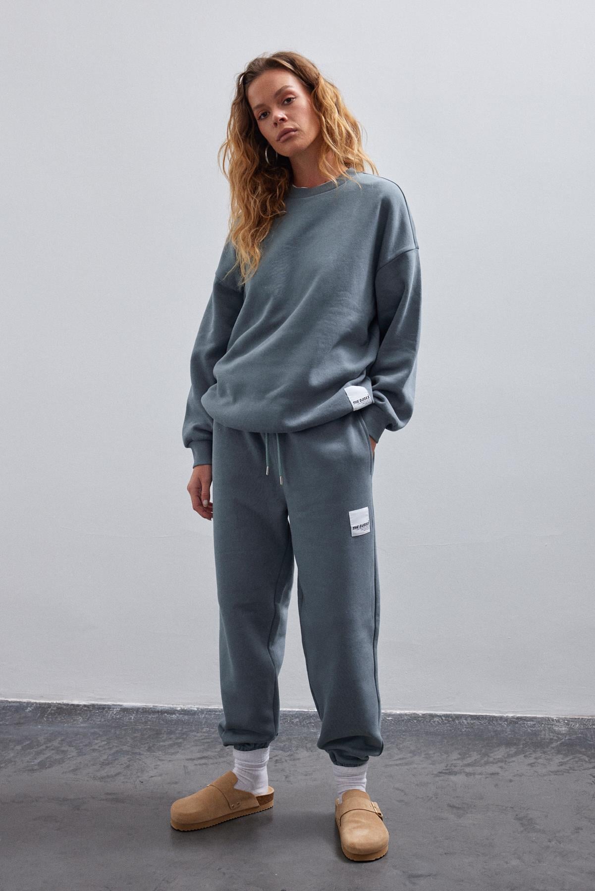 Kadın Yeşil Basic Bisiklet Yaka Içi Polarlı Oversize Sweatshirt