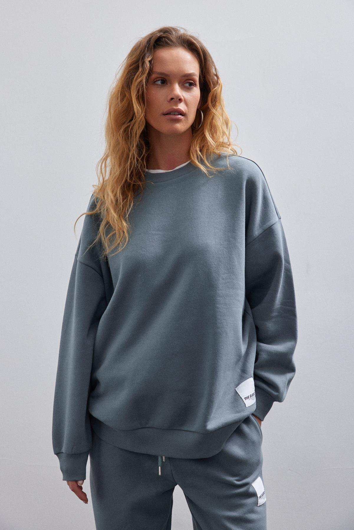 Kadın Yeşil Basic Bisiklet Yaka Içi Polarlı Oversize Sweatshirt