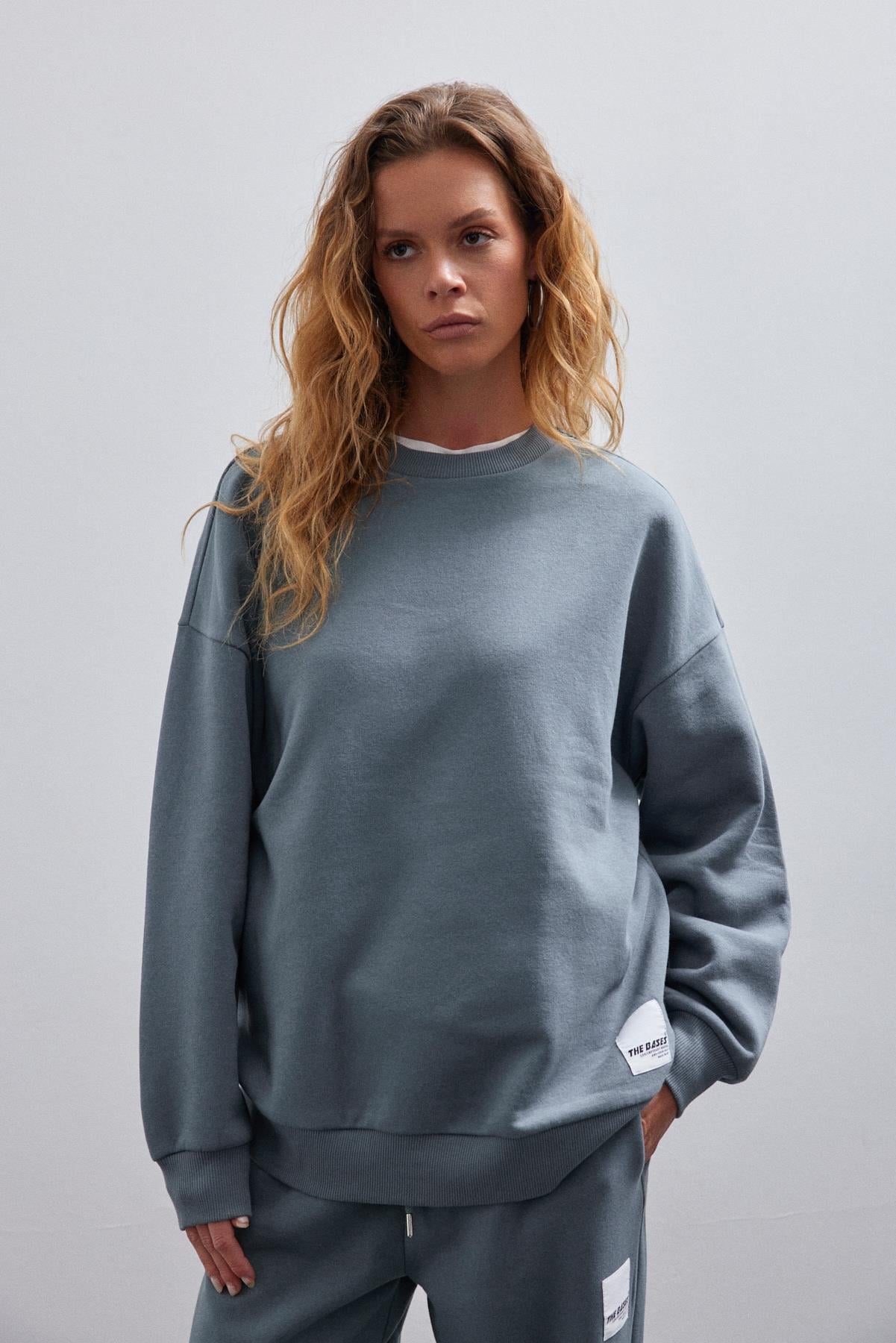 Kadın Yeşil Basic Bisiklet Yaka Içi Polarlı Oversize Sweatshirt