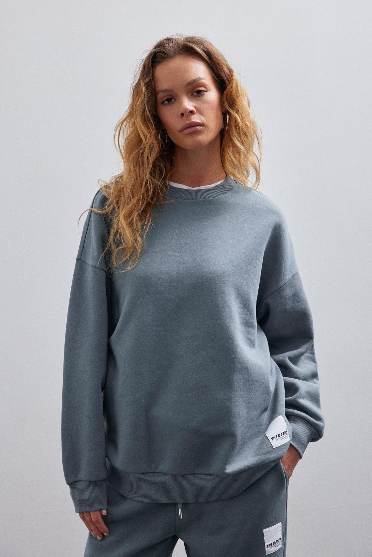Kadın Yeşil Basic Bisiklet Yaka Içi Polarlı Oversize Sweatshirt