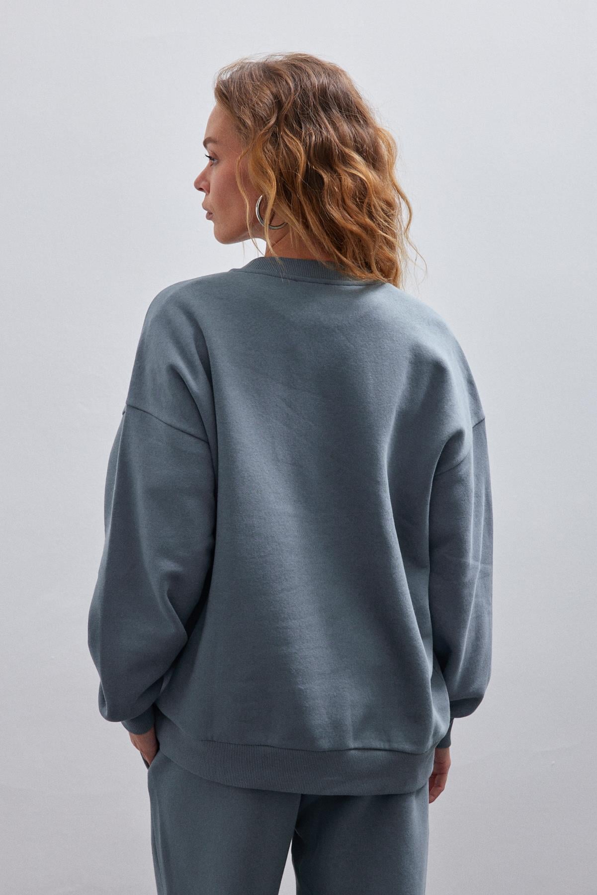Kadın Yeşil Basic Bisiklet Yaka Içi Polarlı Oversize Sweatshirt