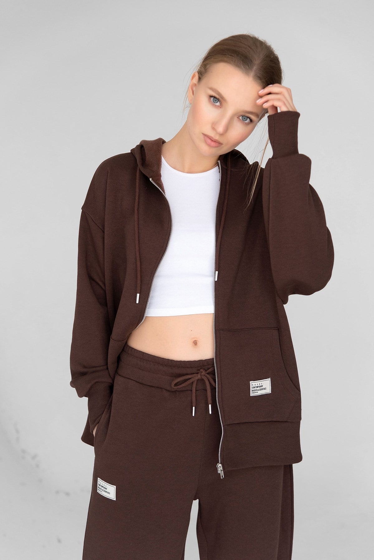 Kahverengi Basic Oversize Kapüşonlu Içi Polarli Fermuarlı Sweatshirt