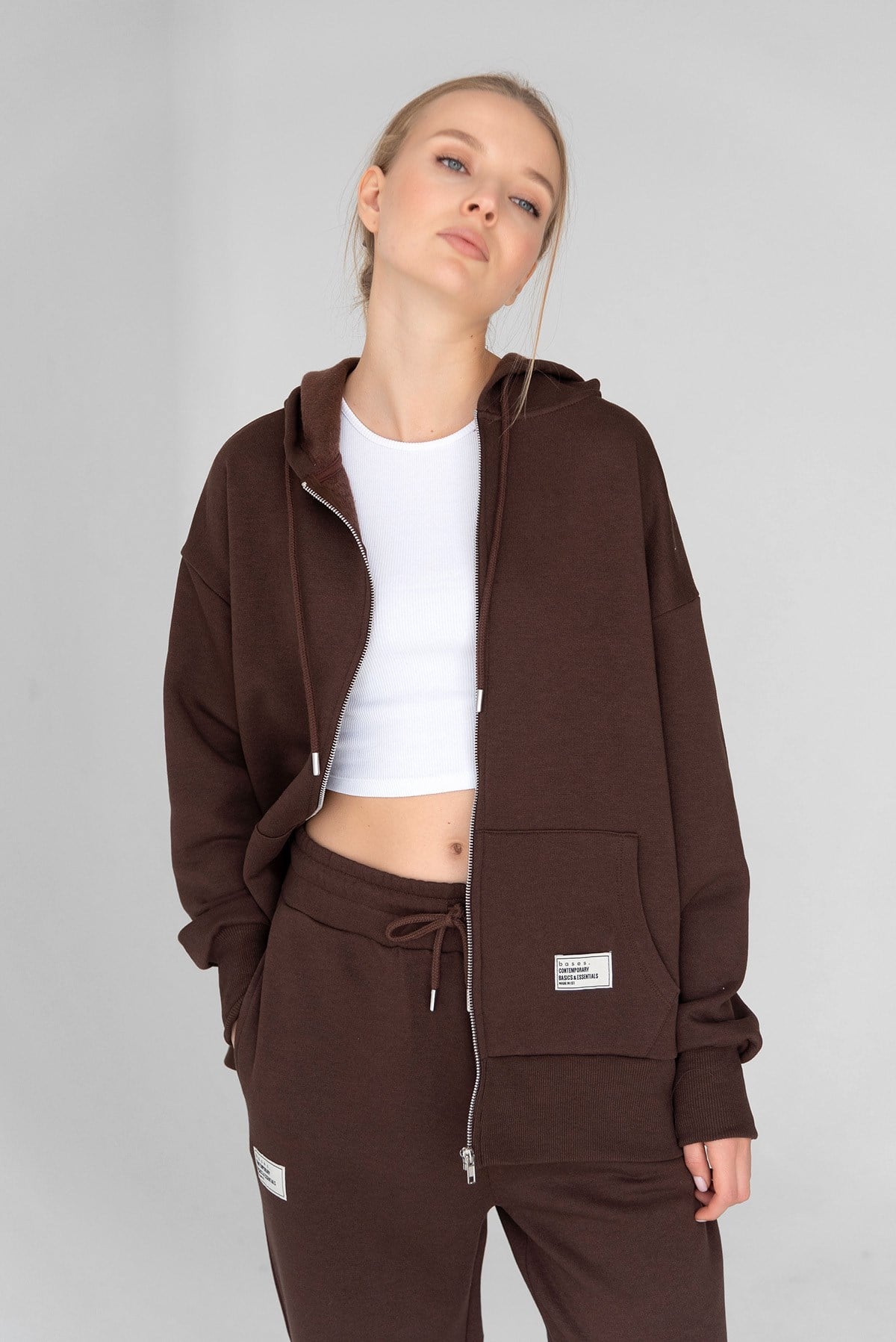 Kahverengi Basic Oversize Kapüşonlu Içi Polarli Fermuarlı Sweatshirt