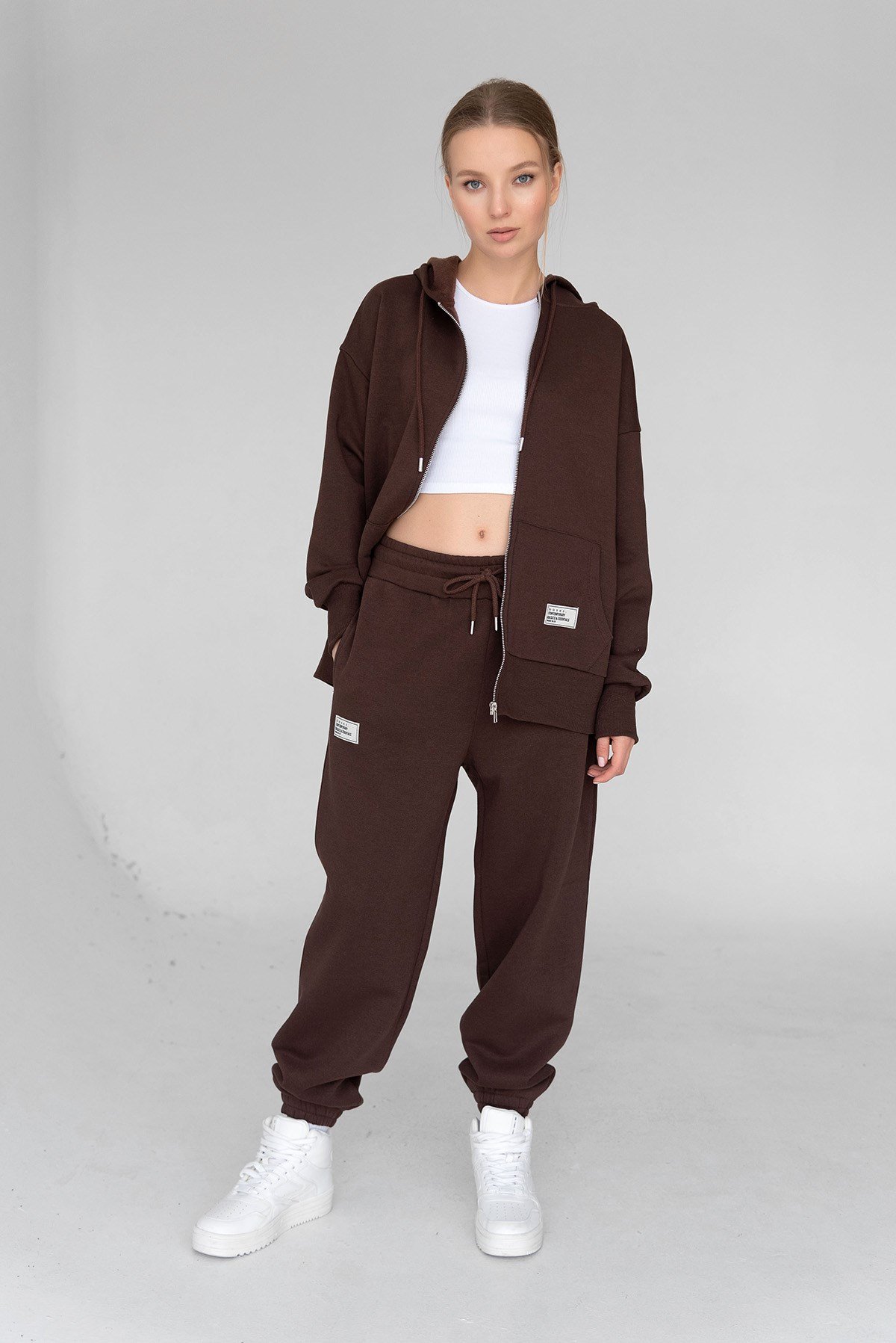 Kahverengi Basic Oversize Kapüşonlu Içi Polarli Fermuarlı Sweatshirt