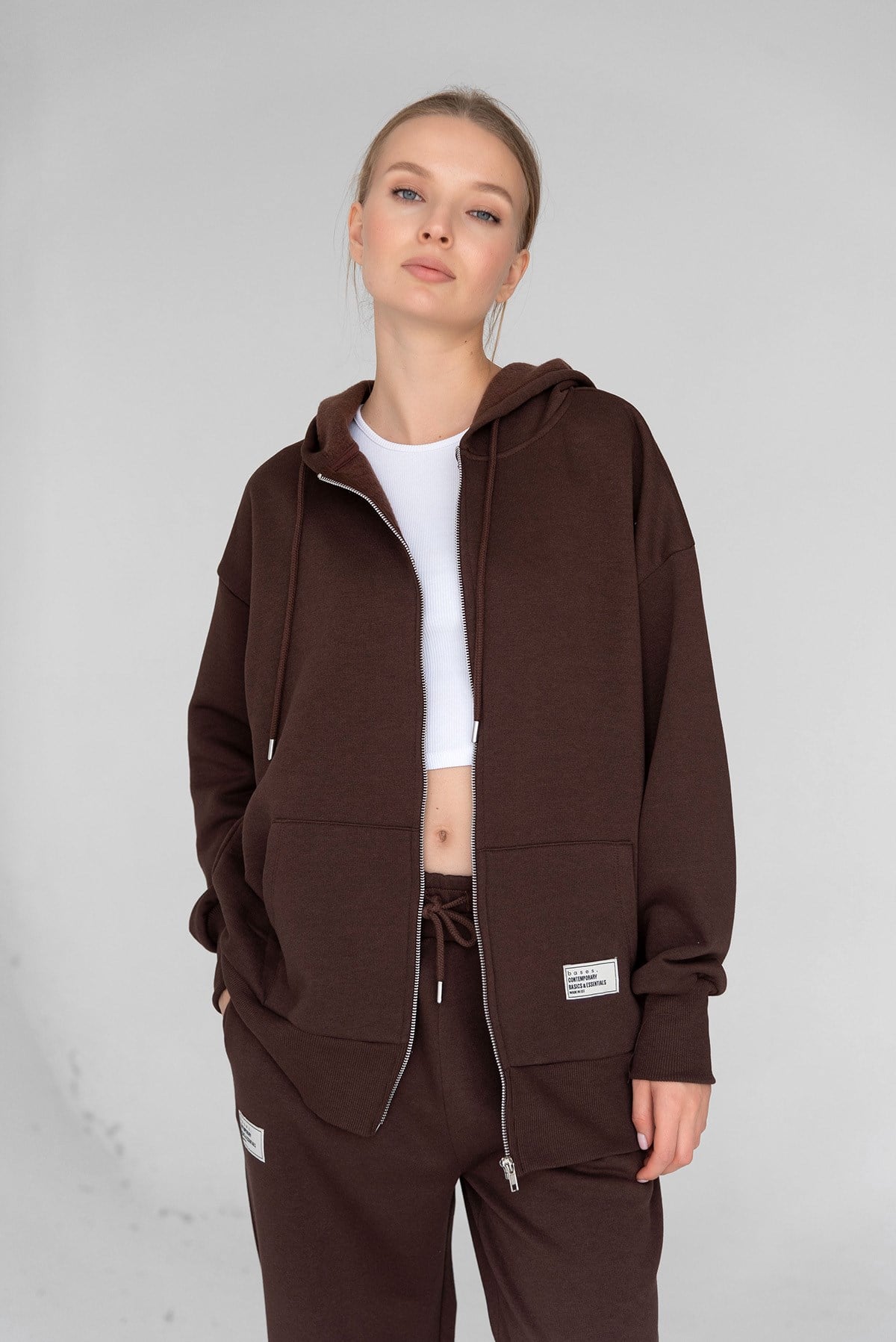 Kahverengi Basic Oversize Kapüşonlu Içi Polarli Fermuarlı Sweatshirt