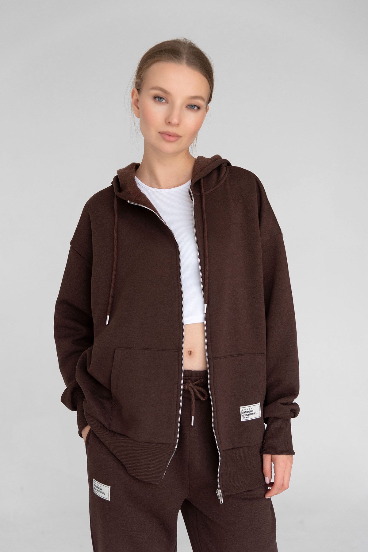 Kahverengi Basic Oversize Kapüşonlu Içi Polarli Fermuarlı Sweatshirt