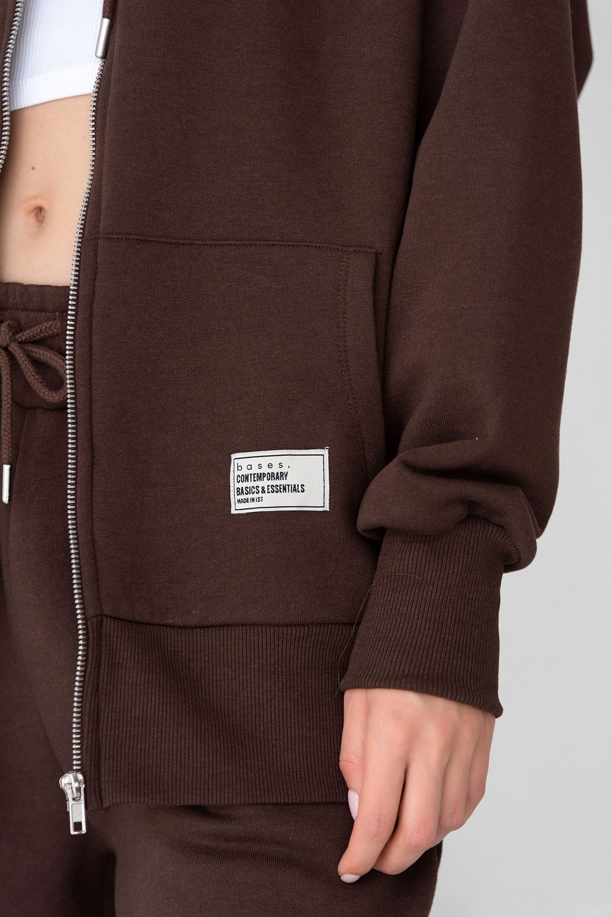 Kahverengi Basic Oversize Kapüşonlu Içi Polarli Fermuarlı Sweatshirt