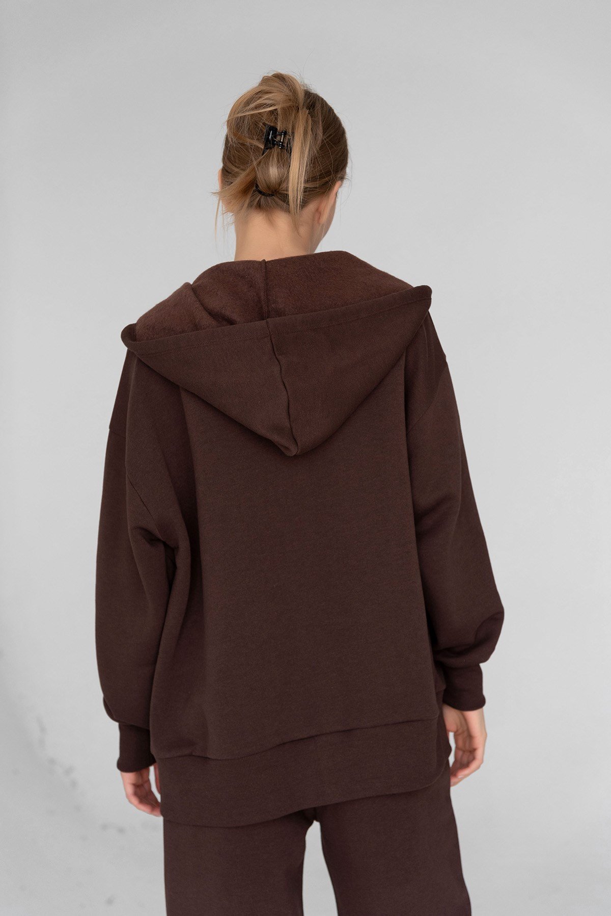 Kahverengi Basic Oversize Kapüşonlu Içi Polarli Fermuarlı Sweatshirt