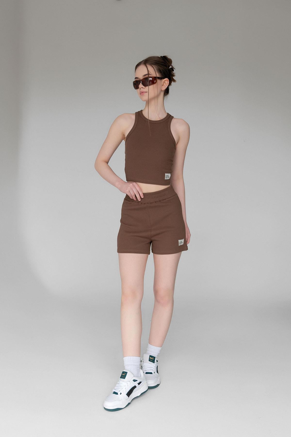 Kahverengi Halter Yaka Fitilli Crop Örme Atlet
