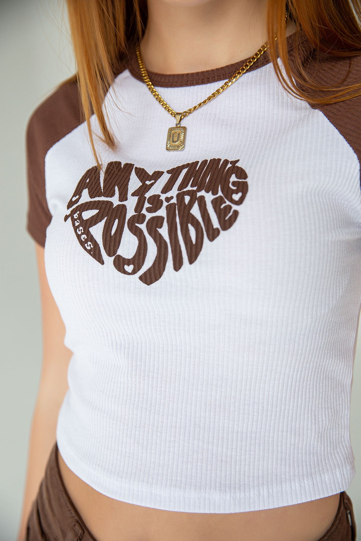 Kahverengi Reglan Kol Crop Baskılı T-Shirt