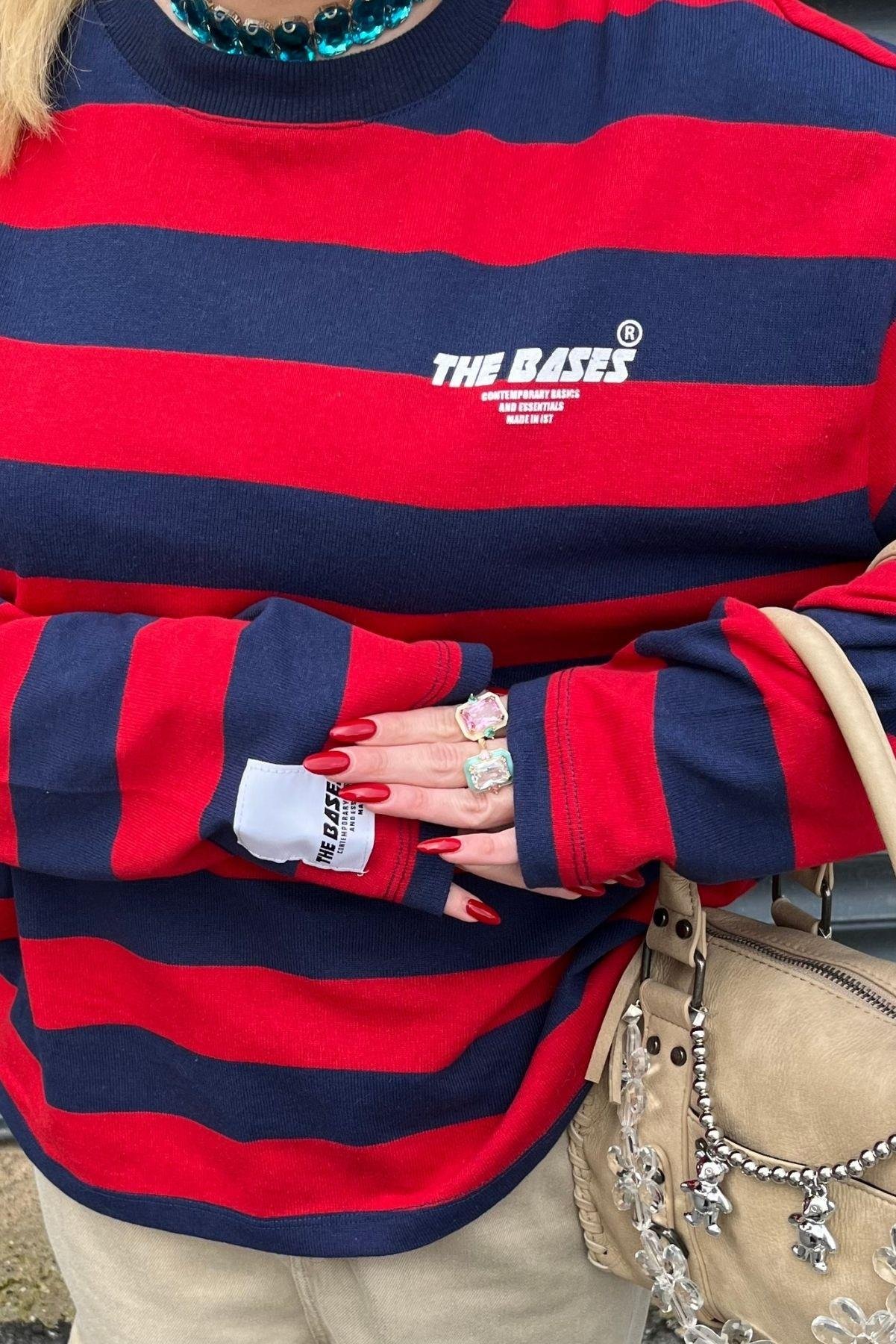 Kırmızı Lacivert Çizgili Oversize Uzun Kol T-shirt