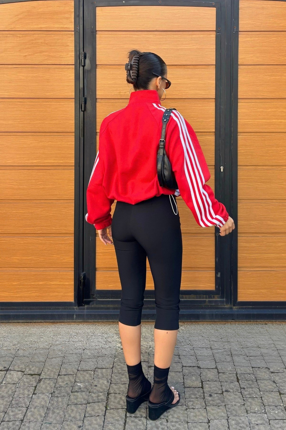 Kırmızı Oversize Şeritli Fermuarlı İçi polarlı Hırka Sweatshirt