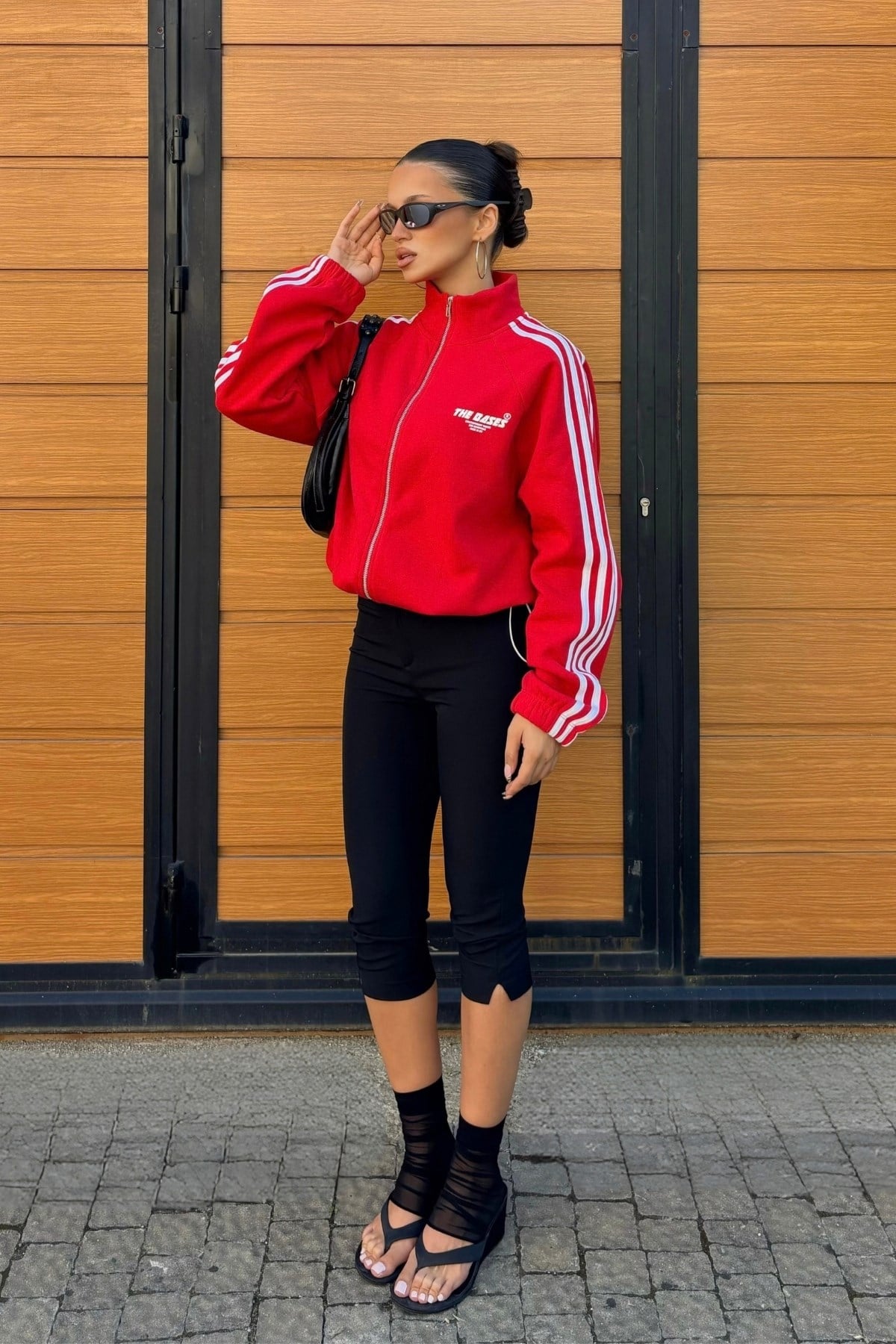 Kırmızı Oversize Şeritli Fermuarlı İçi polarlı Hırka Sweatshirt